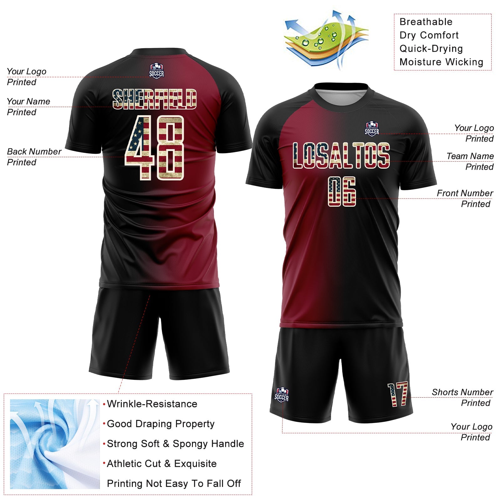 Custom Black Vintage USA Flag Crimson-Cream Sublimation Gradient Fashion Soccer Uniform Jersey view 4
