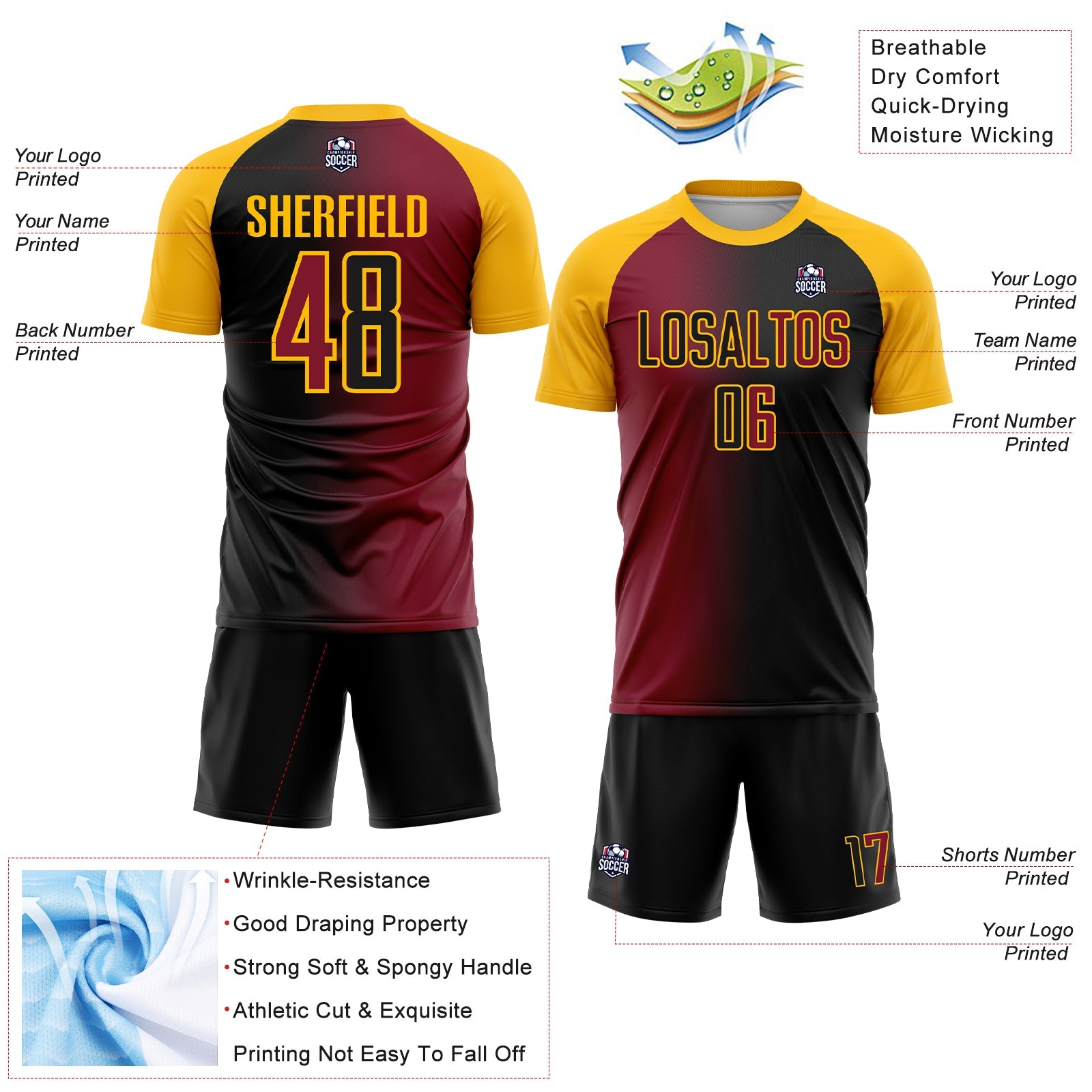 Custom Black Crimson-Gold Sublimation Gradient Fashion Soccer Uniform Jersey view 4