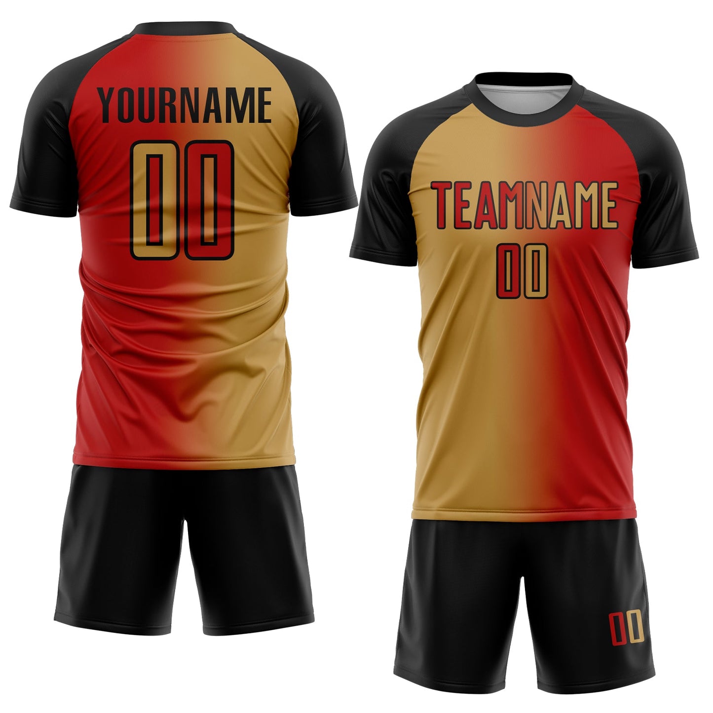 Custom Red Old Gold-Black Sublimation Gradient Fashion Soccer Uniform Jersey view 2