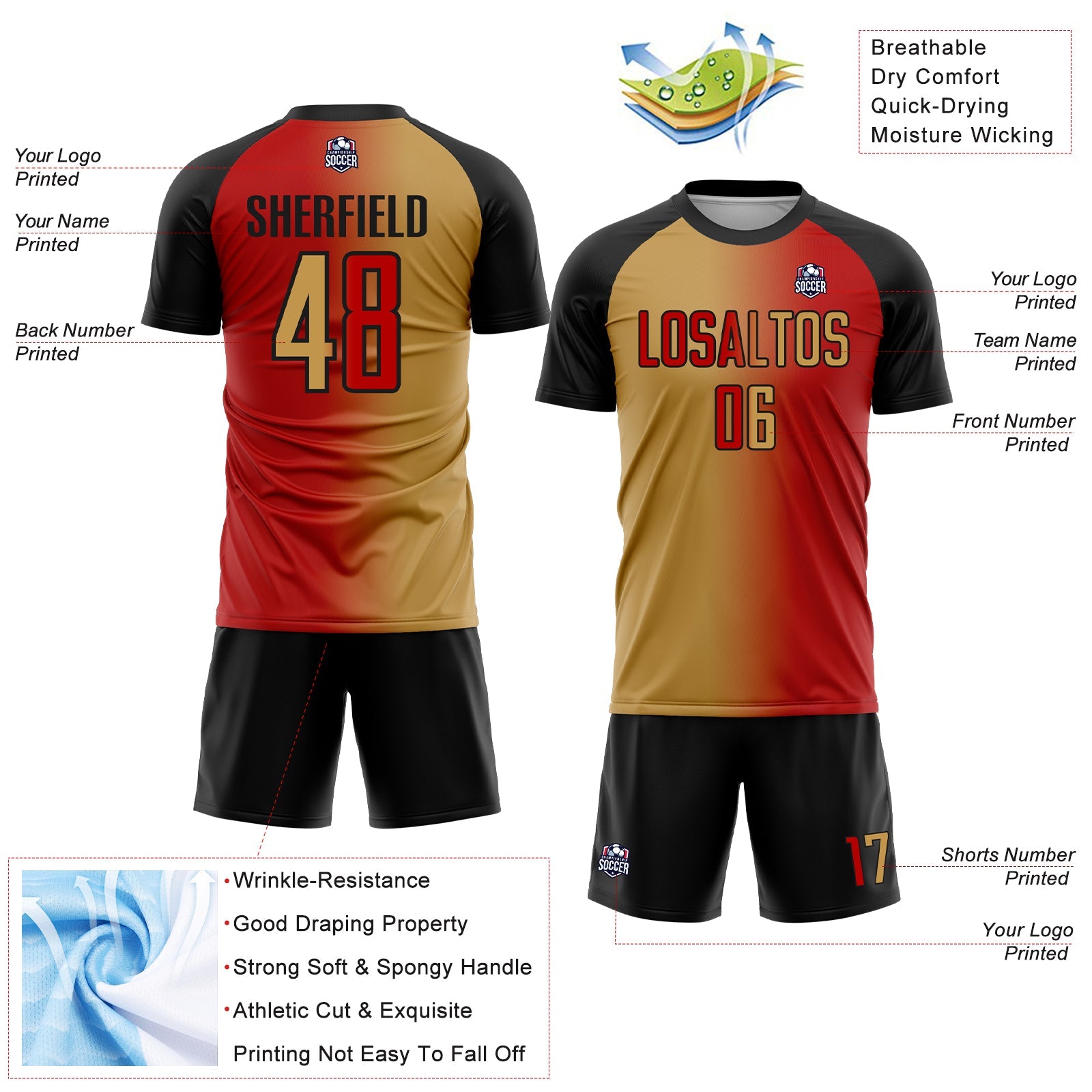 Custom Red Old Gold-Black Sublimation Gradient Fashion Soccer Uniform Jersey view 4