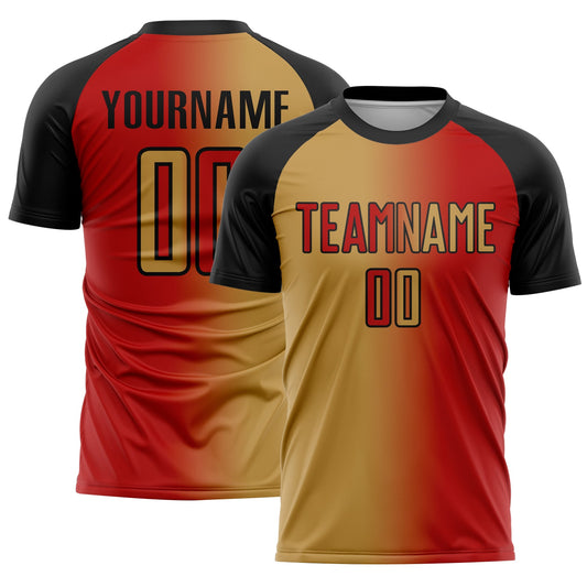 Custom Red Old Gold-Black Sublimation Gradient Fashion Soccer Uniform Jersey - Main View