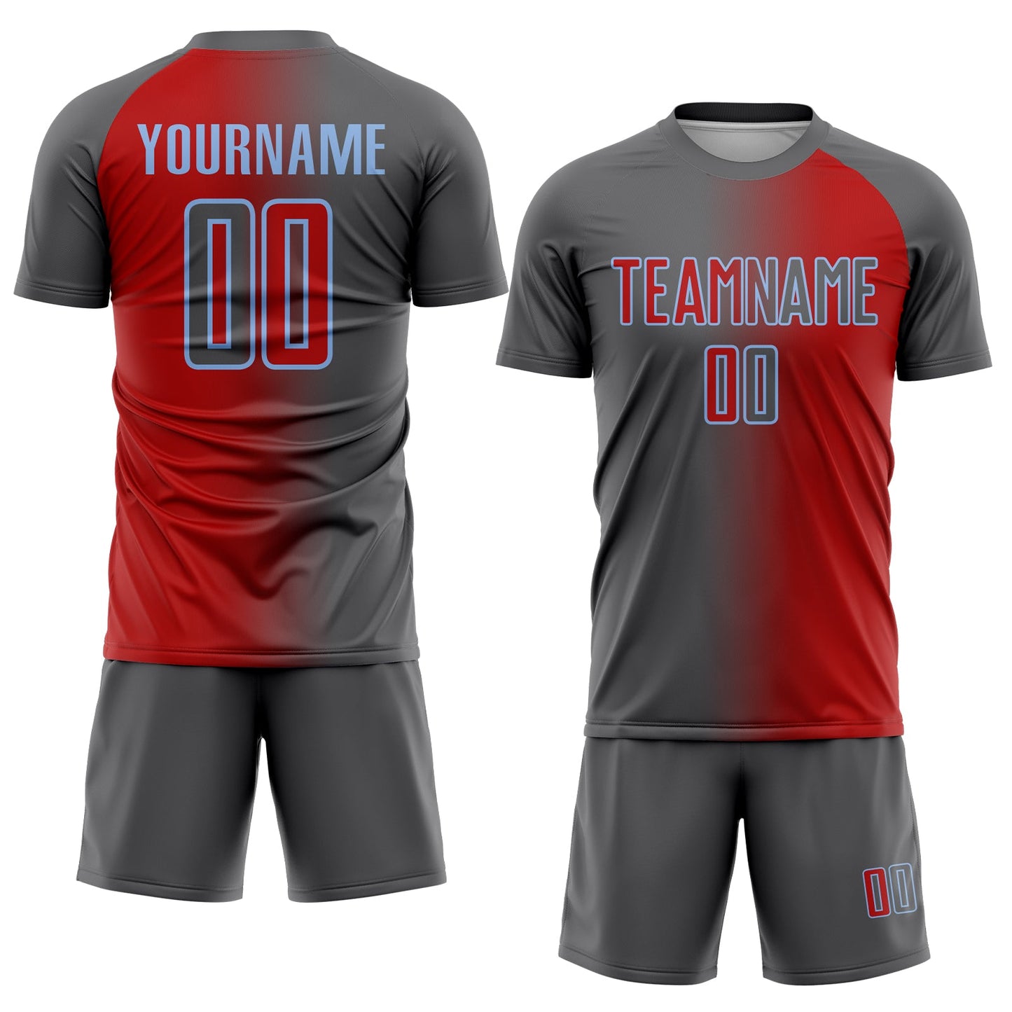 Custom Red Steel Gray-Light Blue Sublimation Gradient Fashion Soccer Uniform Jersey view 2