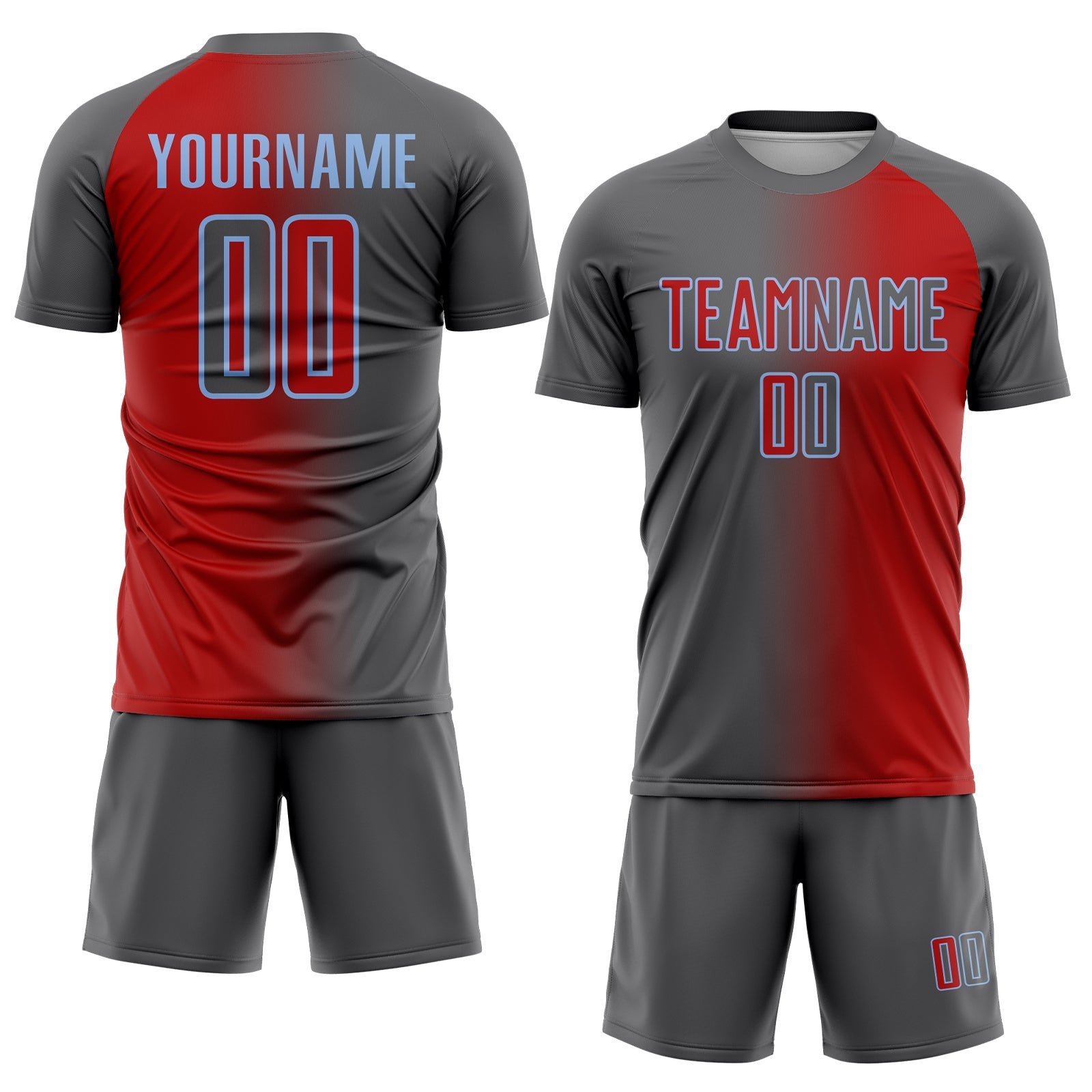 Custom Red Steel Gray-Light Blue Sublimation Gradient Fashion Soccer Uniform Jersey view 2