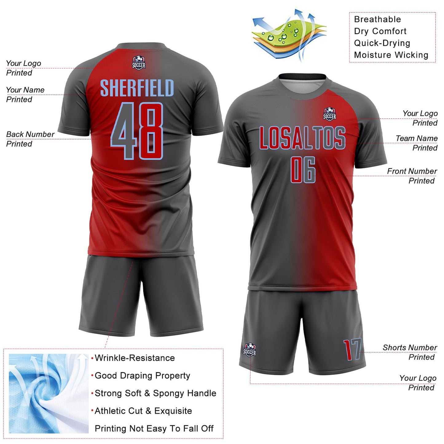Custom Red Steel Gray-Light Blue Sublimation Gradient Fashion Soccer Uniform Jersey view 4