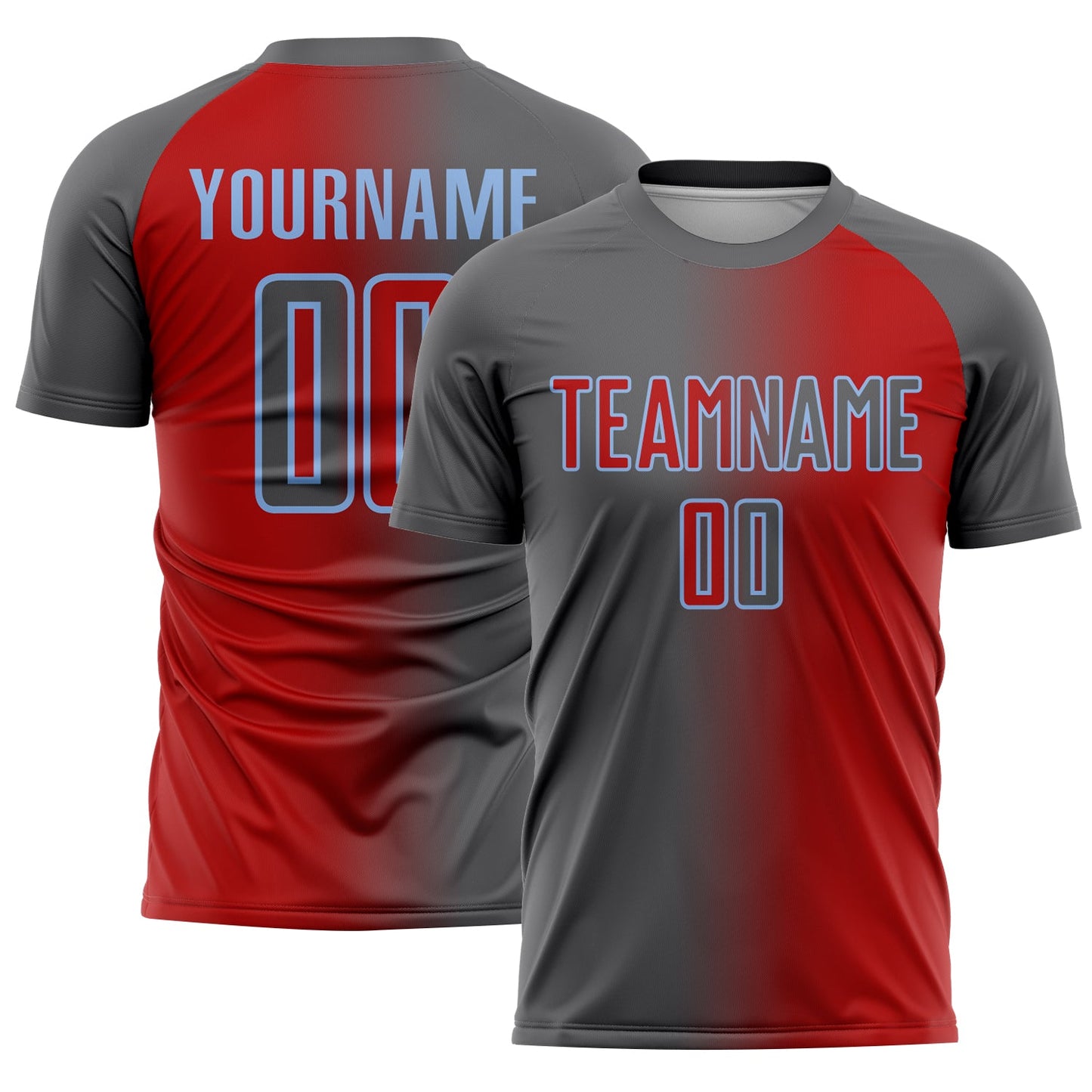 Custom Red Steel Gray-Light Blue Sublimation Gradient Fashion Soccer Uniform Jersey - Main View