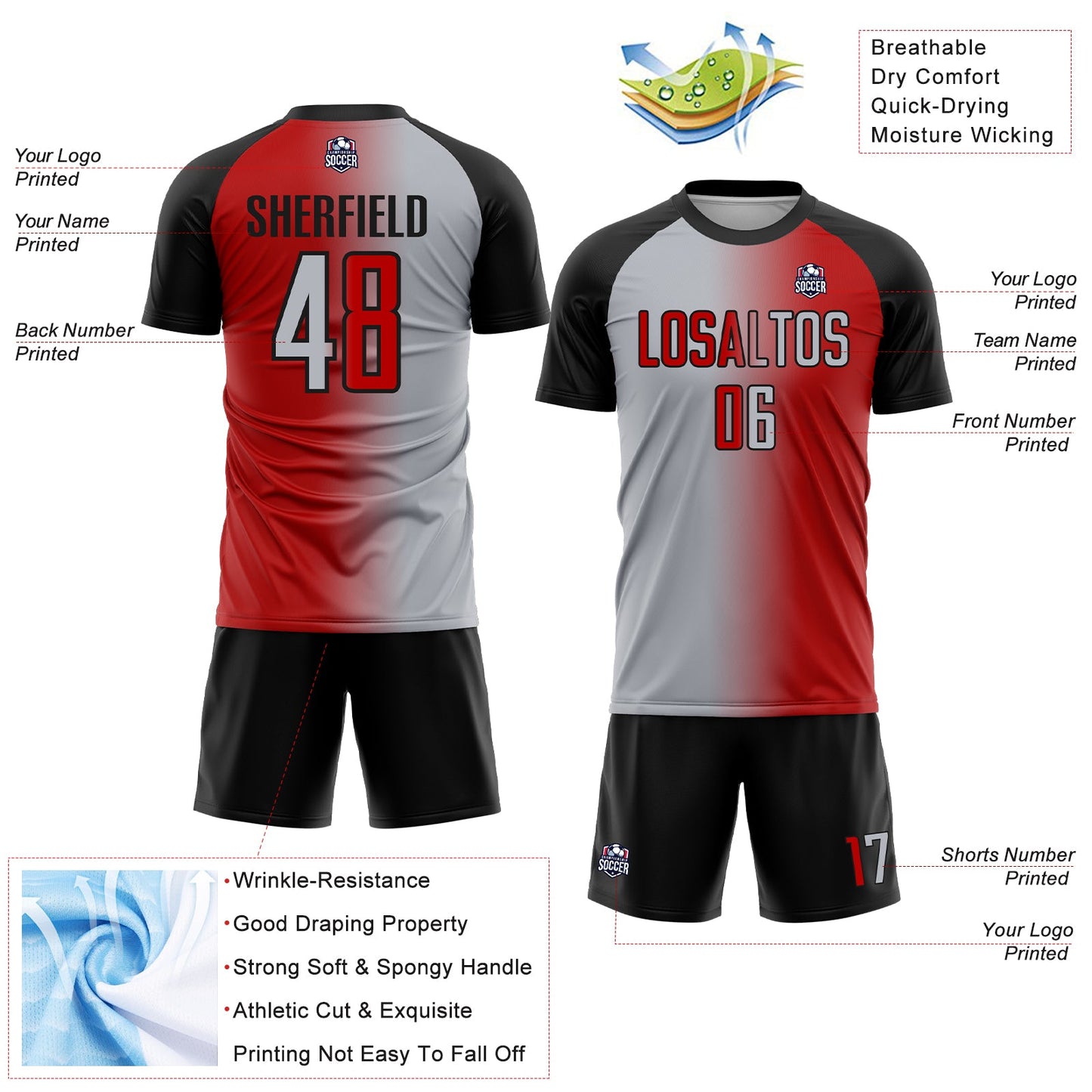 Custom Red Gray-Black Sublimation Gradient Fashion Soccer Uniform Jersey view 4