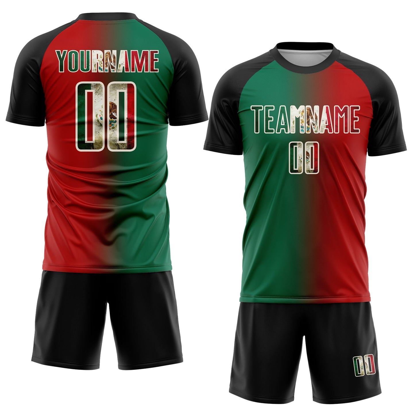 Custom Red Vintage Mexican Flag Kelly Green Black-Cream Sublimation Gradient Fashion Soccer Uniform Jersey view 2