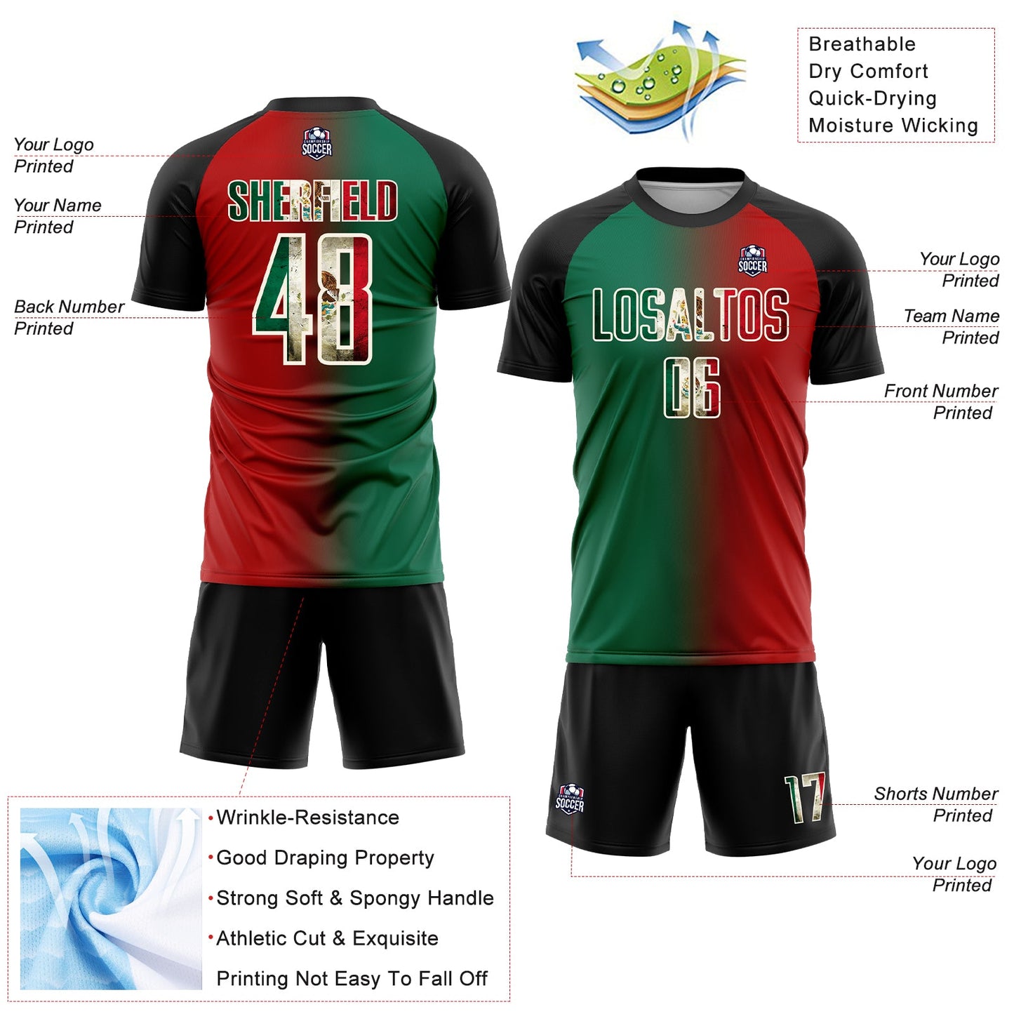 Custom Red Vintage Mexican Flag Kelly Green Black-Cream Sublimation Gradient Fashion Soccer Uniform Jersey view 4