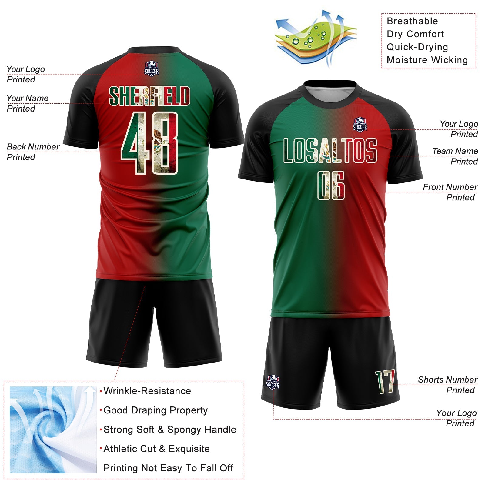 Custom Red Vintage Mexican Flag Kelly Green Black-Cream Sublimation Gradient Fashion Soccer Uniform Jersey view 4
