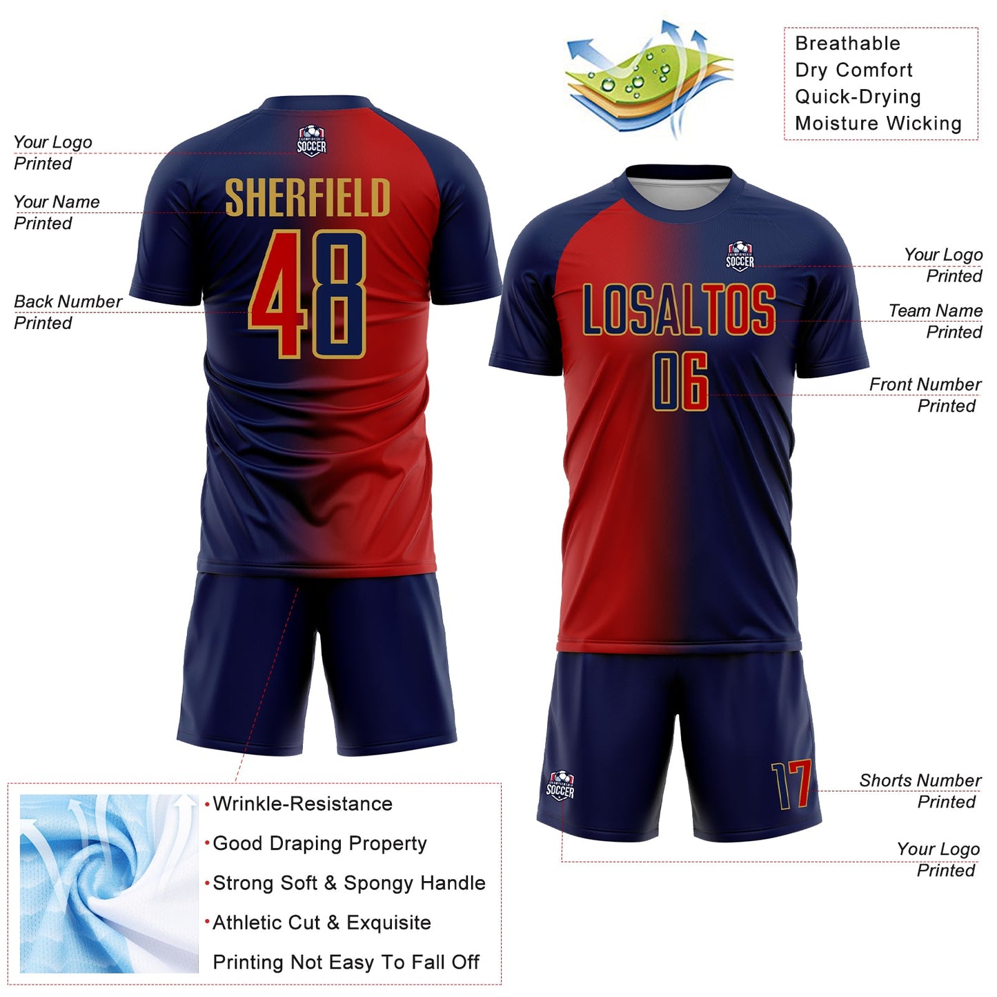Custom Navy Red-Old Gold Sublimation Gradient Fashion Soccer Uniform Jersey view 4