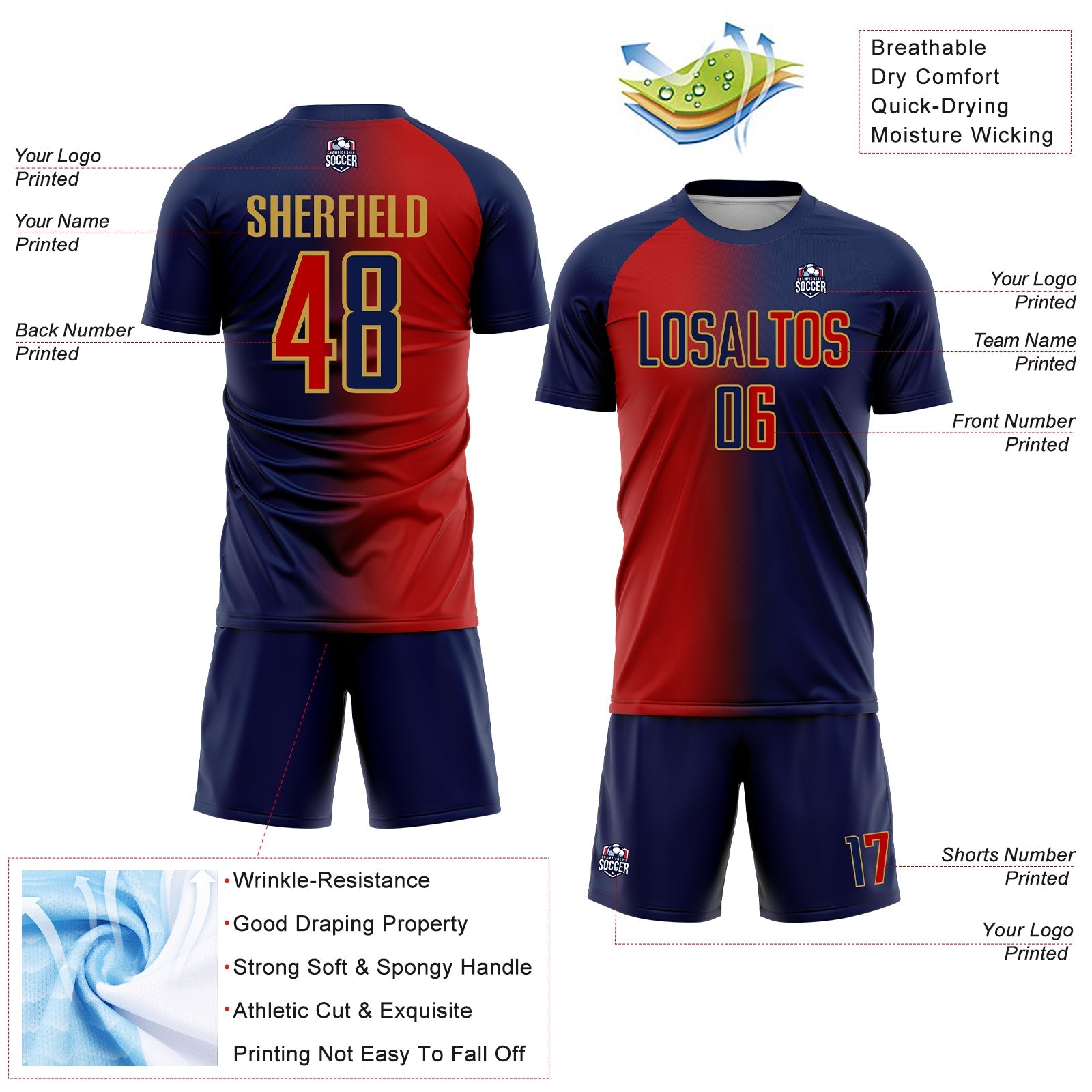Custom Navy Red-Old Gold Sublimation Gradient Fashion Soccer Uniform Jersey view 4