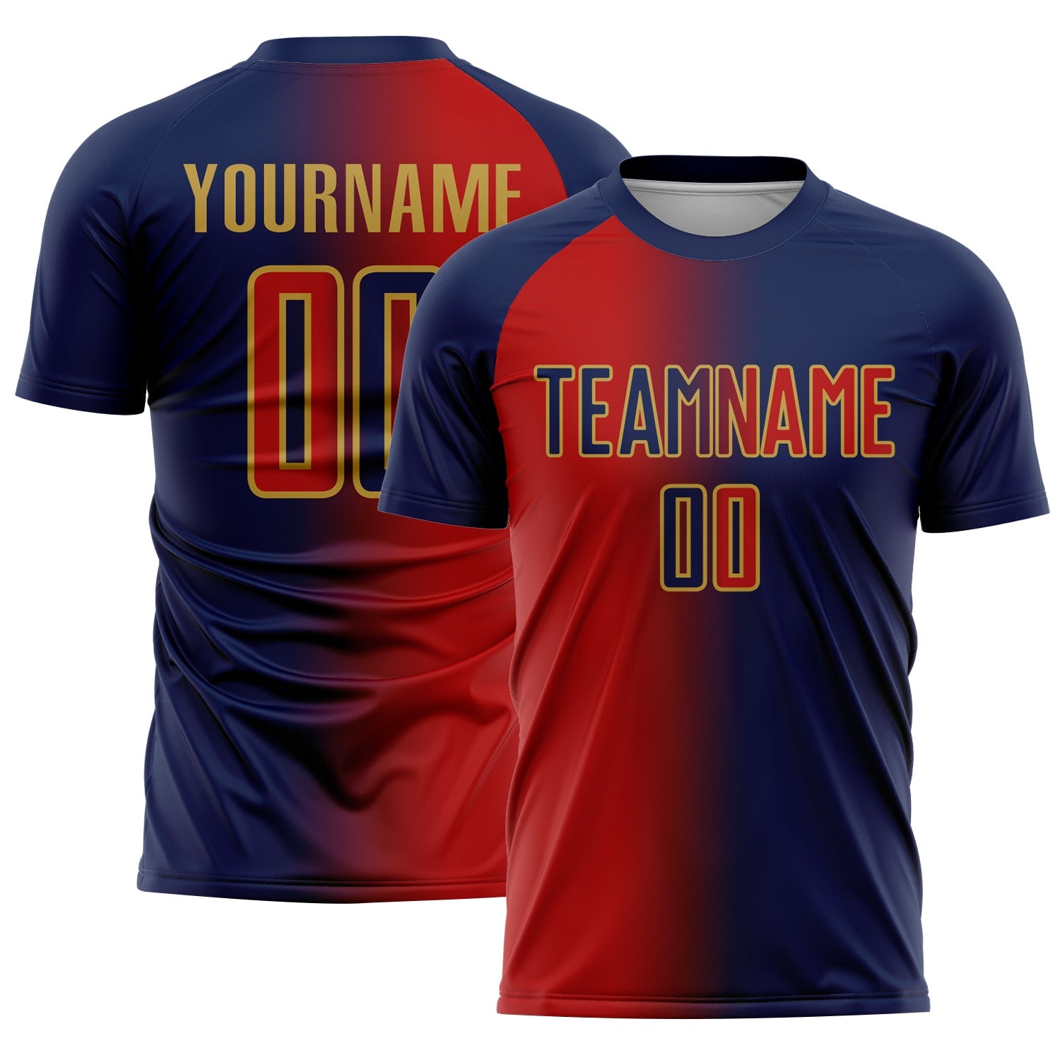 Custom Navy Red-Old Gold Sublimation Gradient Fashion Soccer Uniform Jersey - Main View