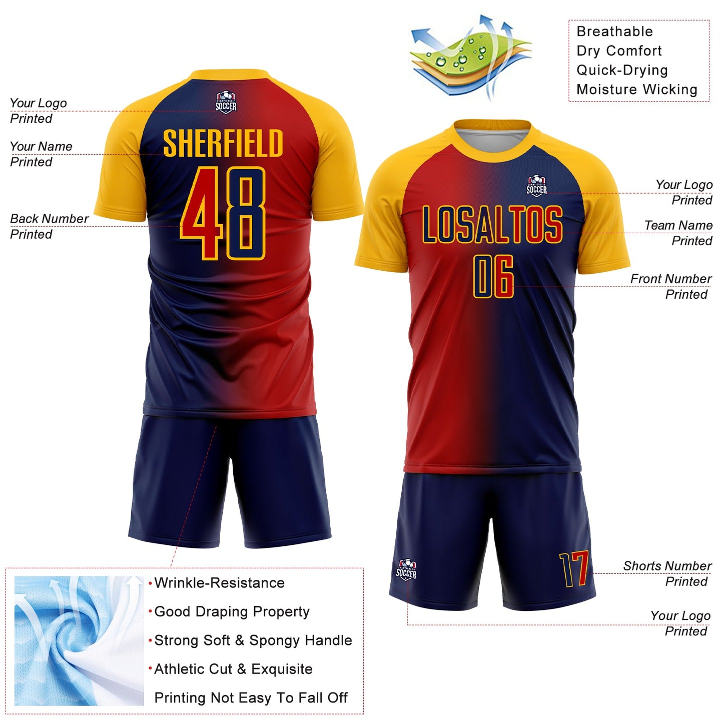 Custom Navy Red-Gold Sublimation Gradient Fashion Soccer Uniform Jersey view 4