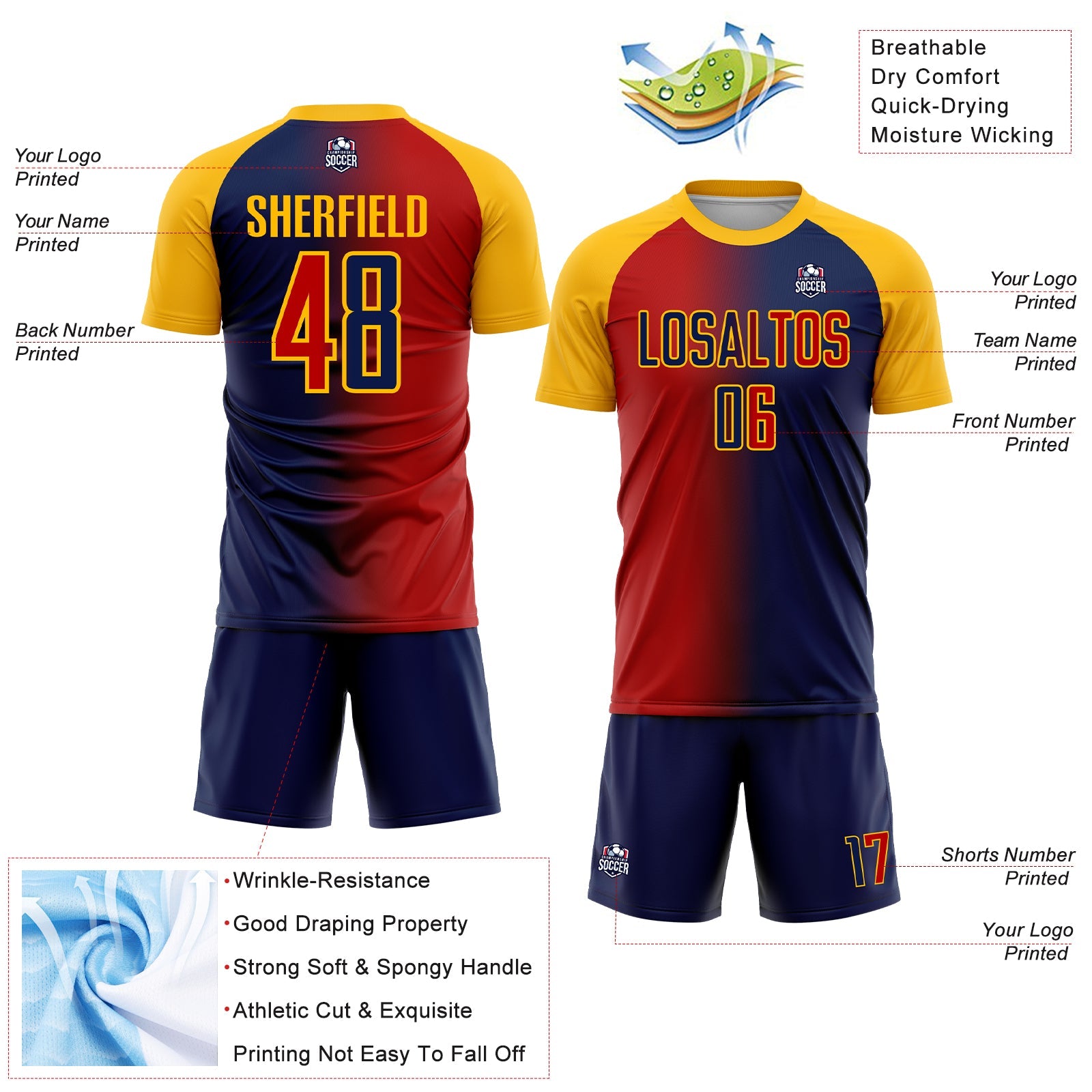 Custom Navy Red-Gold Sublimation Gradient Fashion Soccer Uniform Jersey view 4