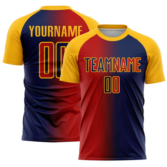 Custom Navy Red-Gold Sublimation Gradient Fashion Soccer Uniform Jersey - Main View