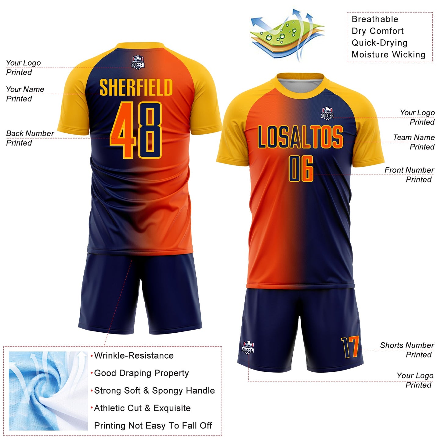 Custom Navy Orange-Gold Sublimation Gradient Fashion Soccer Uniform Jersey view 4