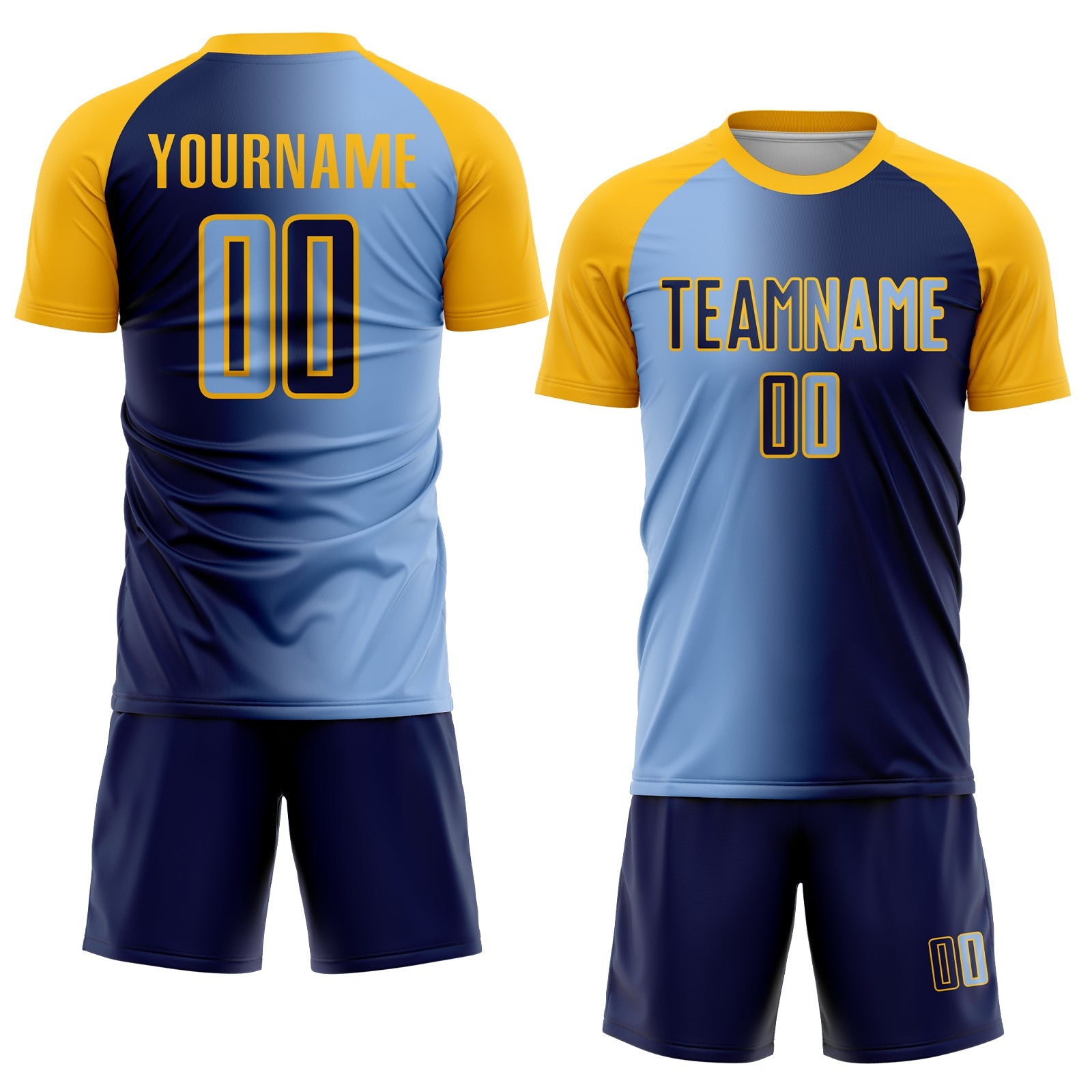 Custom Navy Light Blue-Gold Sublimation Gradient Fashion Soccer Uniform Jersey view 2