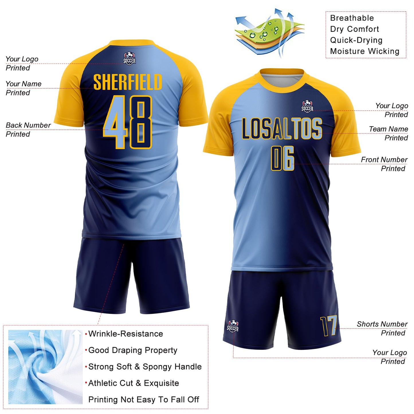 Custom Navy Light Blue-Gold Sublimation Gradient Fashion Soccer Uniform Jersey view 4