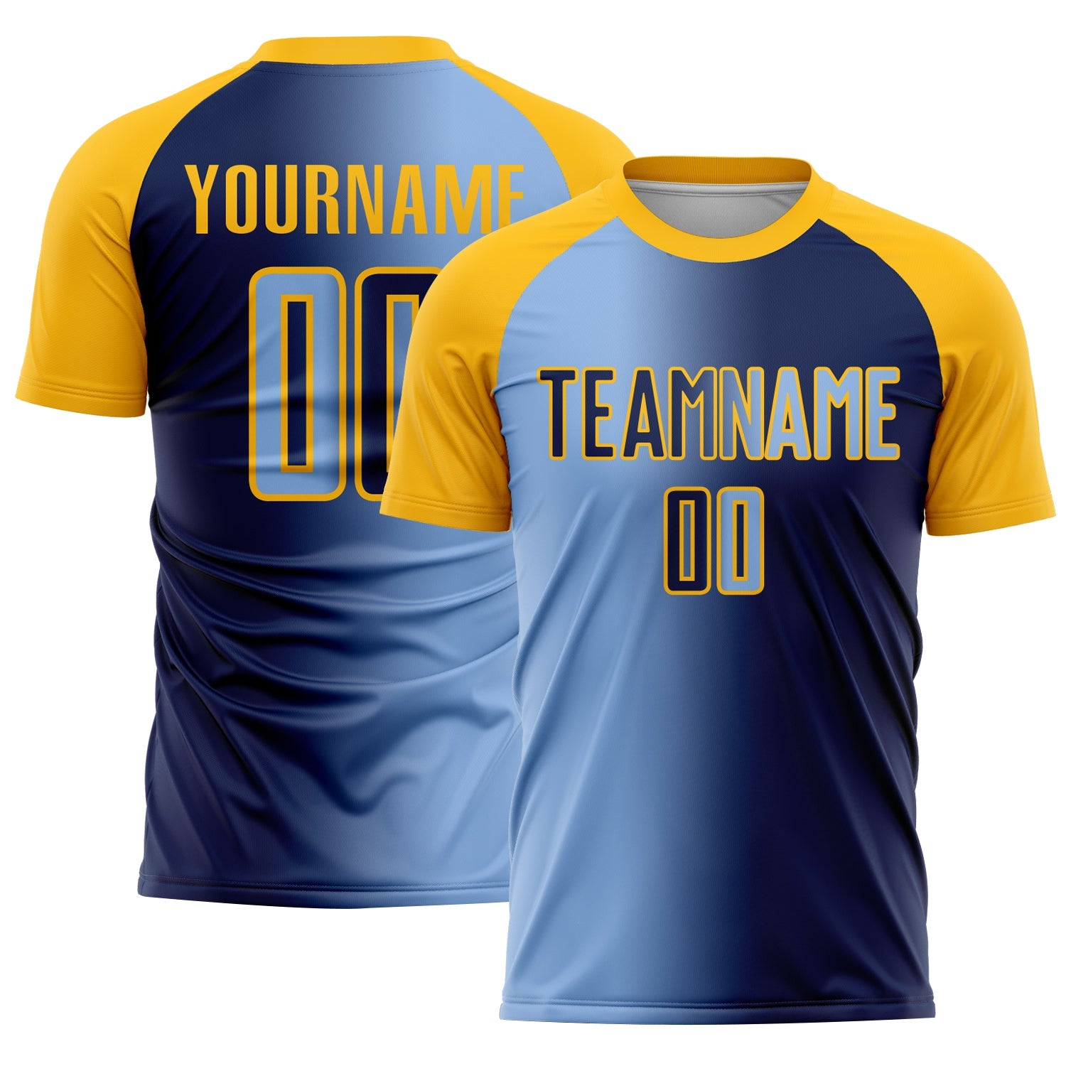 Custom Navy Light Blue-Gold Sublimation Gradient Fashion Soccer Uniform Jersey - Main View