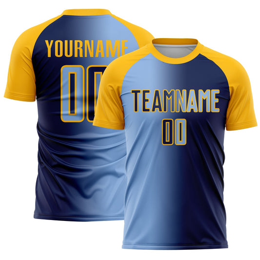 Custom Navy Light Blue-Gold Sublimation Gradient Fashion Soccer Uniform Jersey - Main View