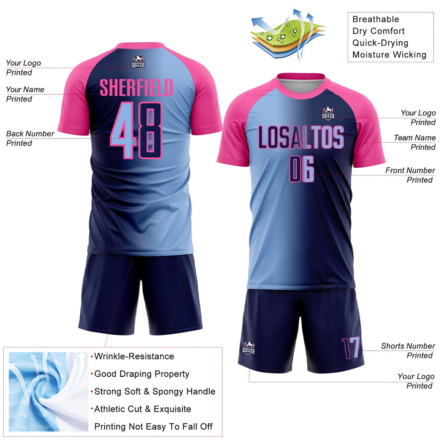 Custom Navy Light Blue-Pink Sublimation Gradient Fashion Soccer Uniform Jersey view 4