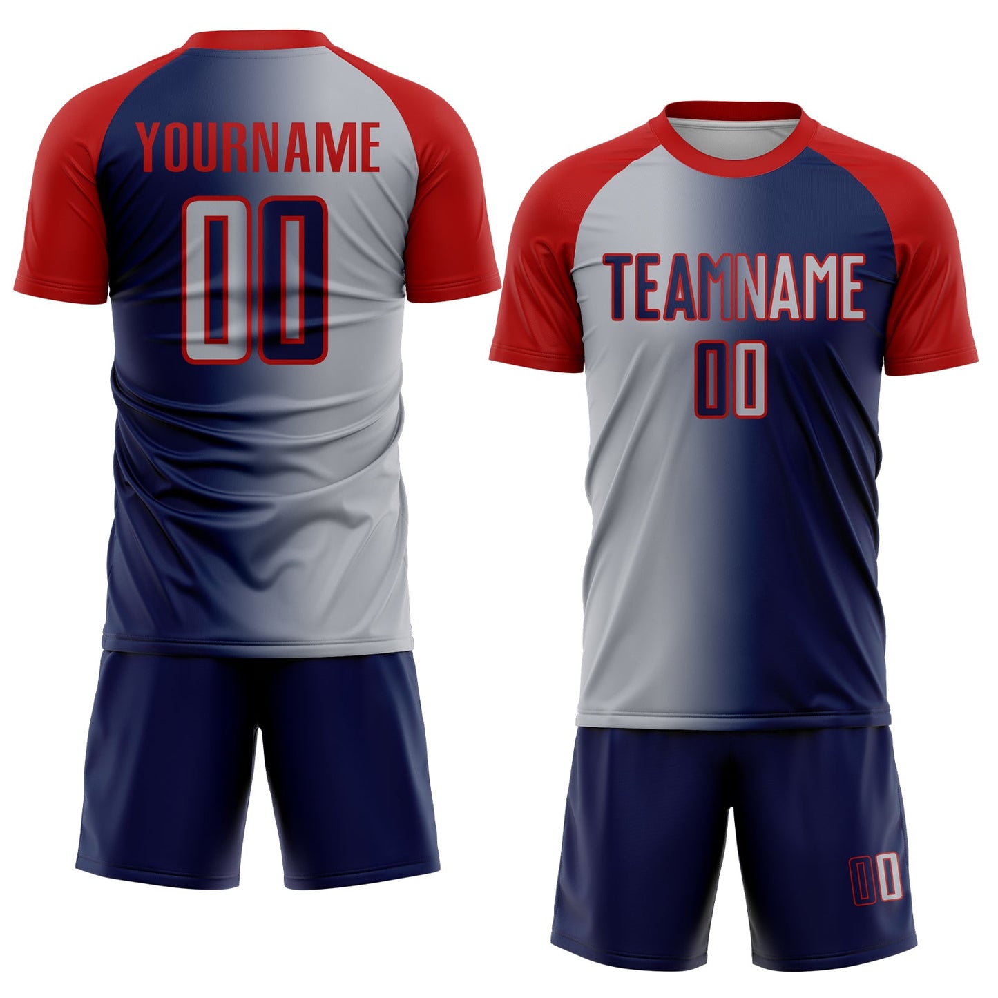Custom Navy Gray-Red Sublimation Gradient Fashion Soccer Uniform Jersey view 2