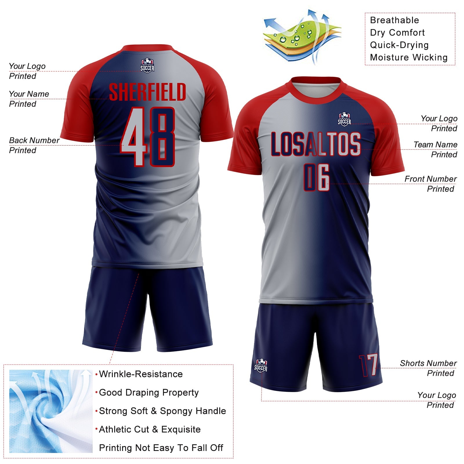 Custom Navy Gray-Red Sublimation Gradient Fashion Soccer Uniform Jersey view 4