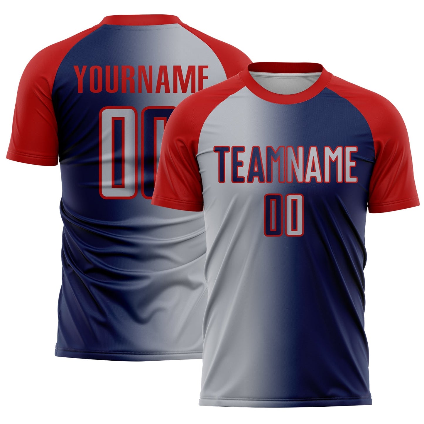 Custom Navy Gray-Red Sublimation Gradient Fashion Soccer Uniform Jersey - Main View