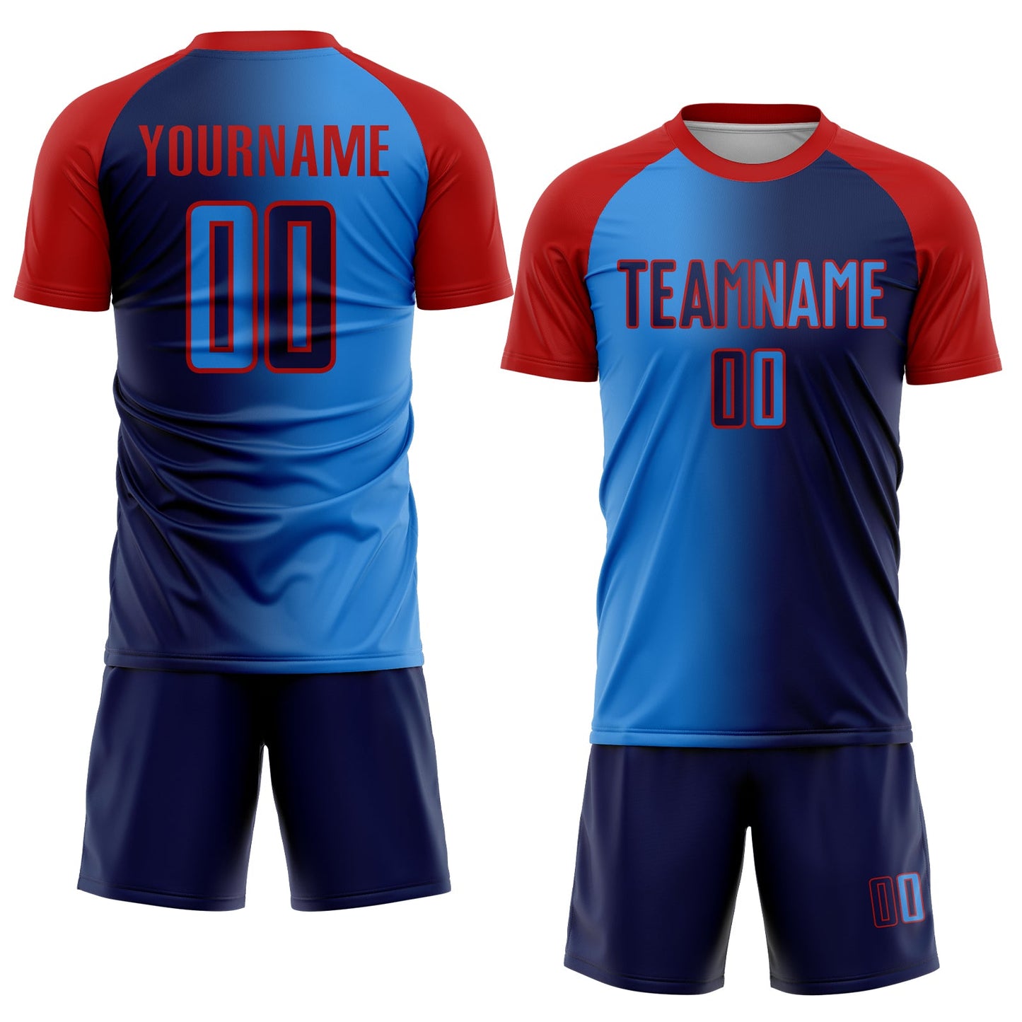 Custom Navy Powder Blue-Red Sublimation Gradient Fashion Soccer Uniform Jersey view 2