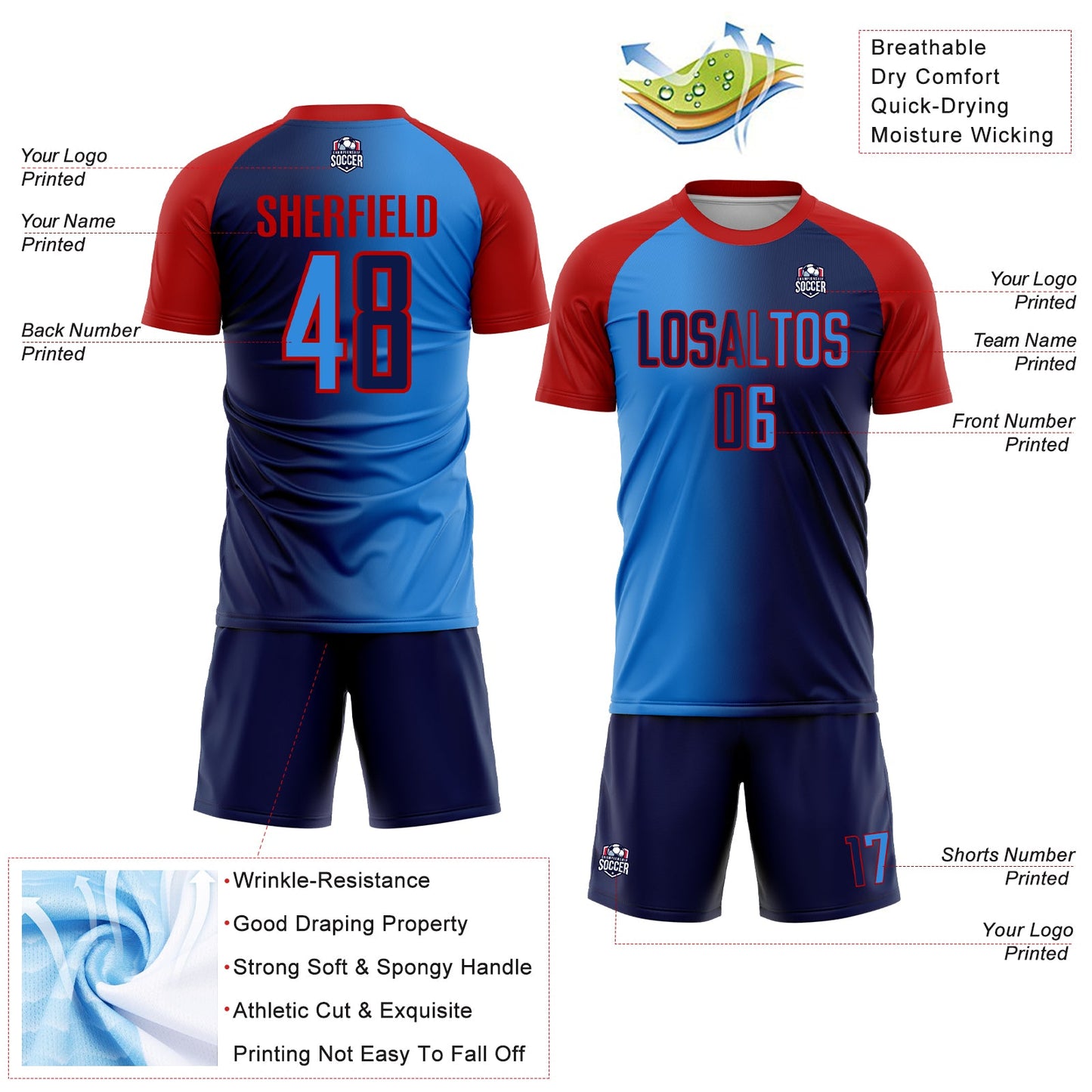 Custom Navy Powder Blue-Red Sublimation Gradient Fashion Soccer Uniform Jersey view 4