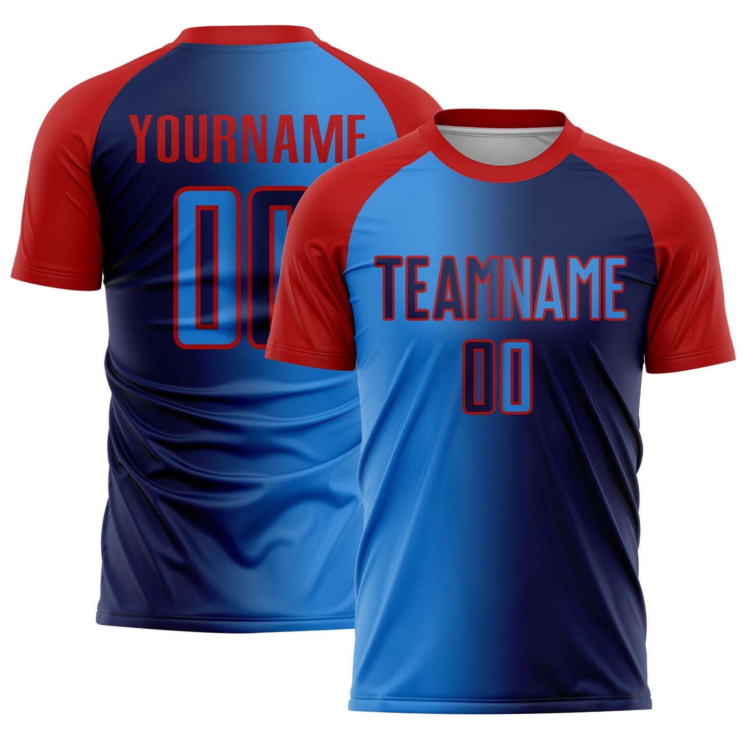 Custom Navy Powder Blue-Red Sublimation Gradient Fashion Soccer Uniform Jersey - Main View
