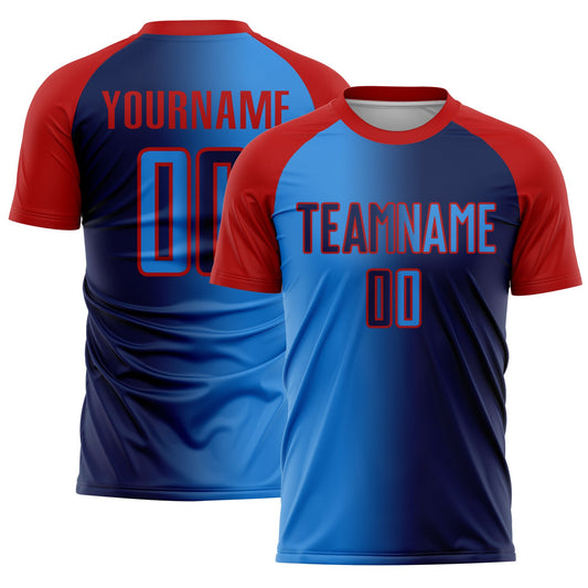 Custom Navy Powder Blue-Red Sublimation Gradient Fashion Soccer Uniform Jersey - Main View