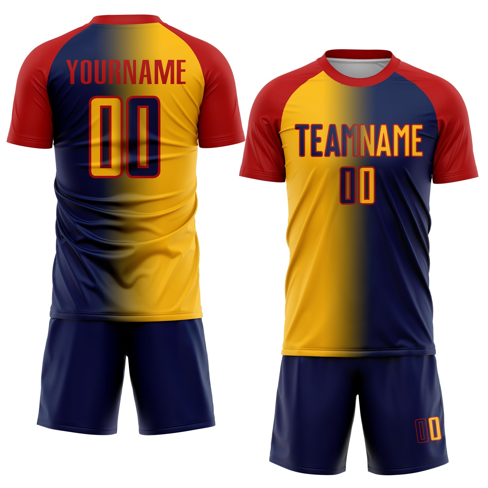 Custom Navy Gold-Red Sublimation Gradient Fashion Soccer Uniform Jersey view 2