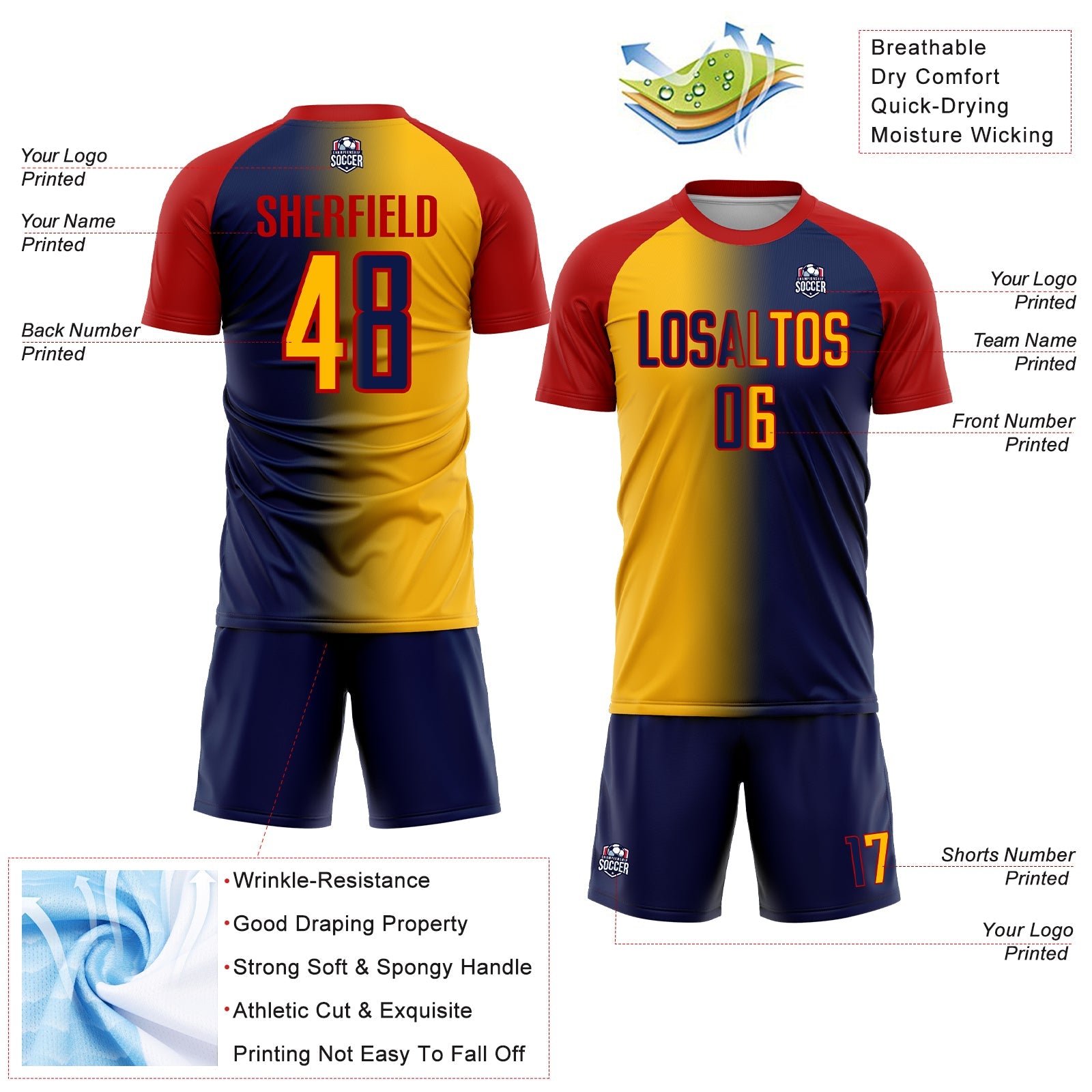 Custom Navy Gold-Red Sublimation Gradient Fashion Soccer Uniform Jersey view 4