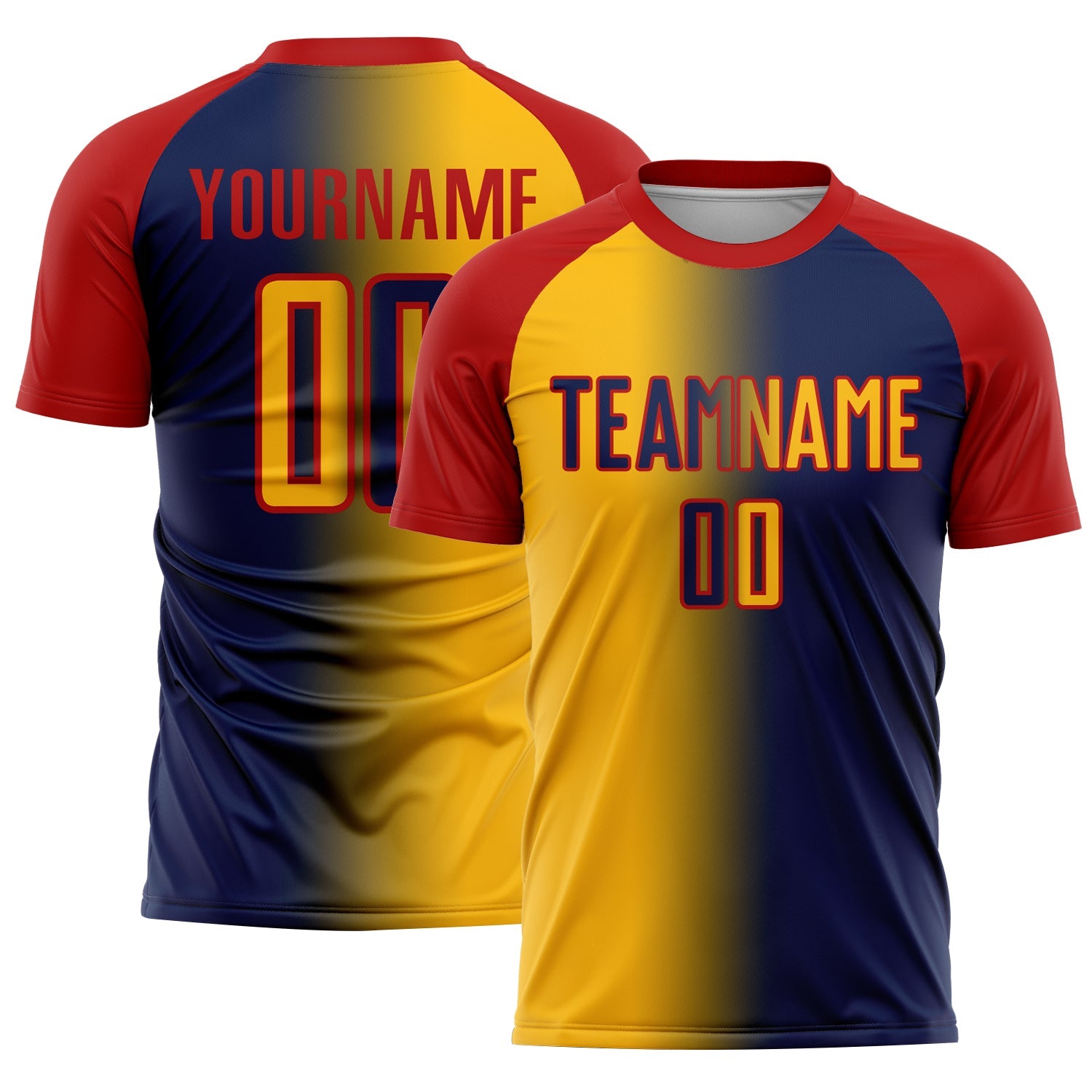 Custom Navy Gold-Red Sublimation Gradient Fashion Soccer Uniform Jersey - Main View