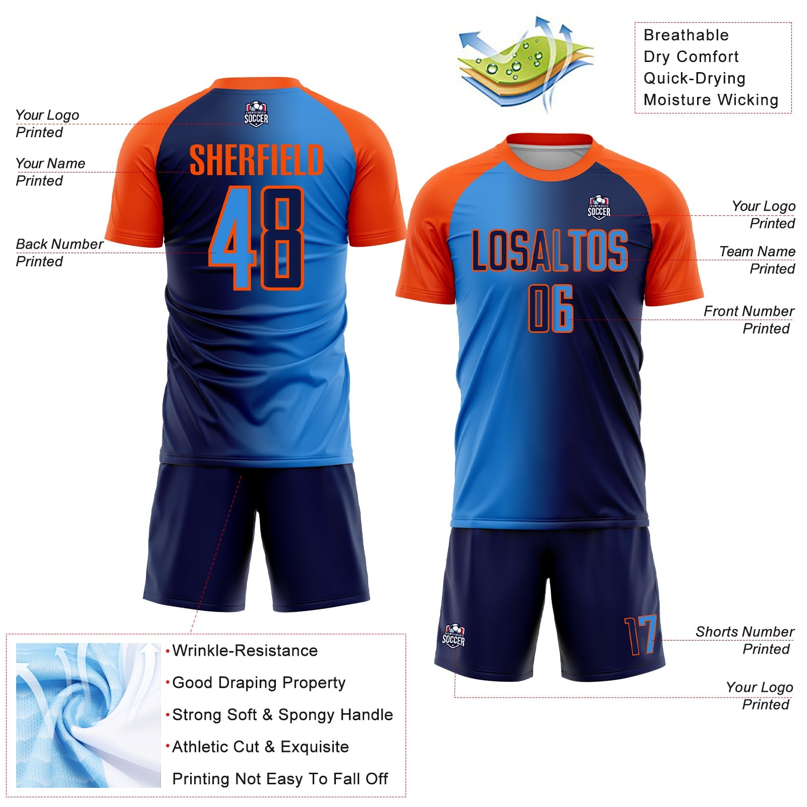 Custom Navy Powder Blue-Orange Sublimation Gradient Fashion Soccer Uniform Jersey view 4