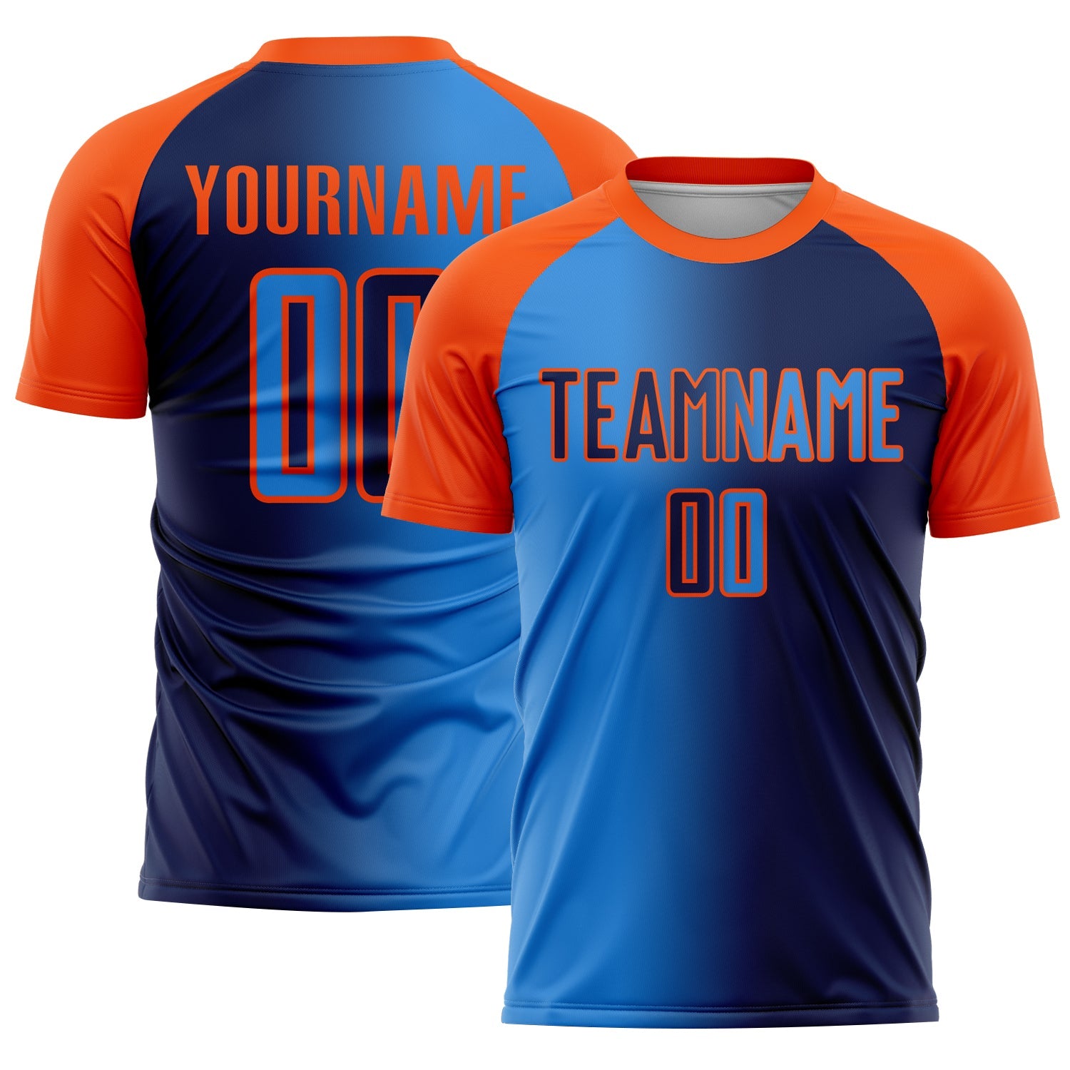 Custom Navy Powder Blue-Orange Sublimation Gradient Fashion Soccer Uniform Jersey - Main View