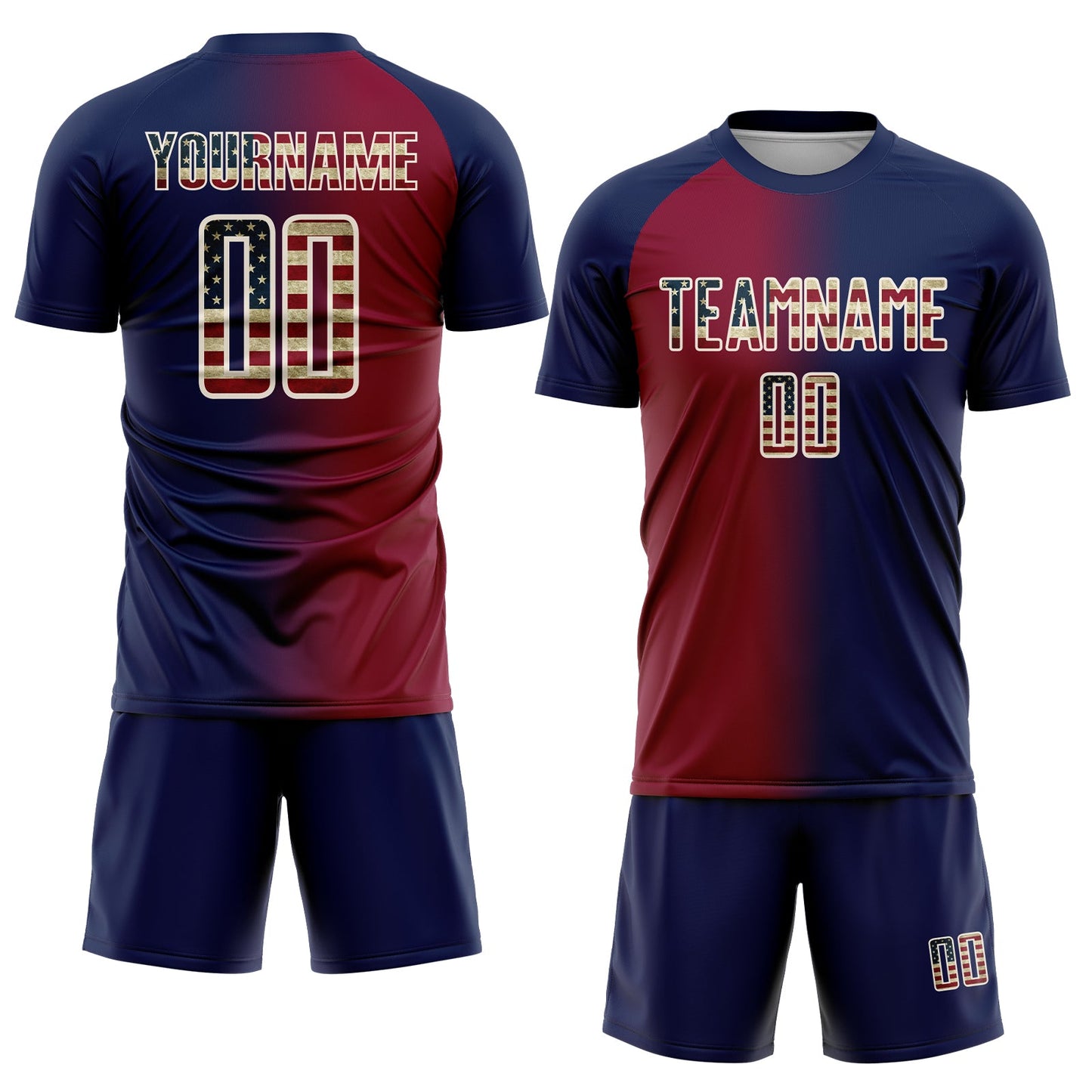 Custom Navy Vintage USA Flag Maroon-Cream Sublimation Gradient Fashion Soccer Uniform Jersey view 2