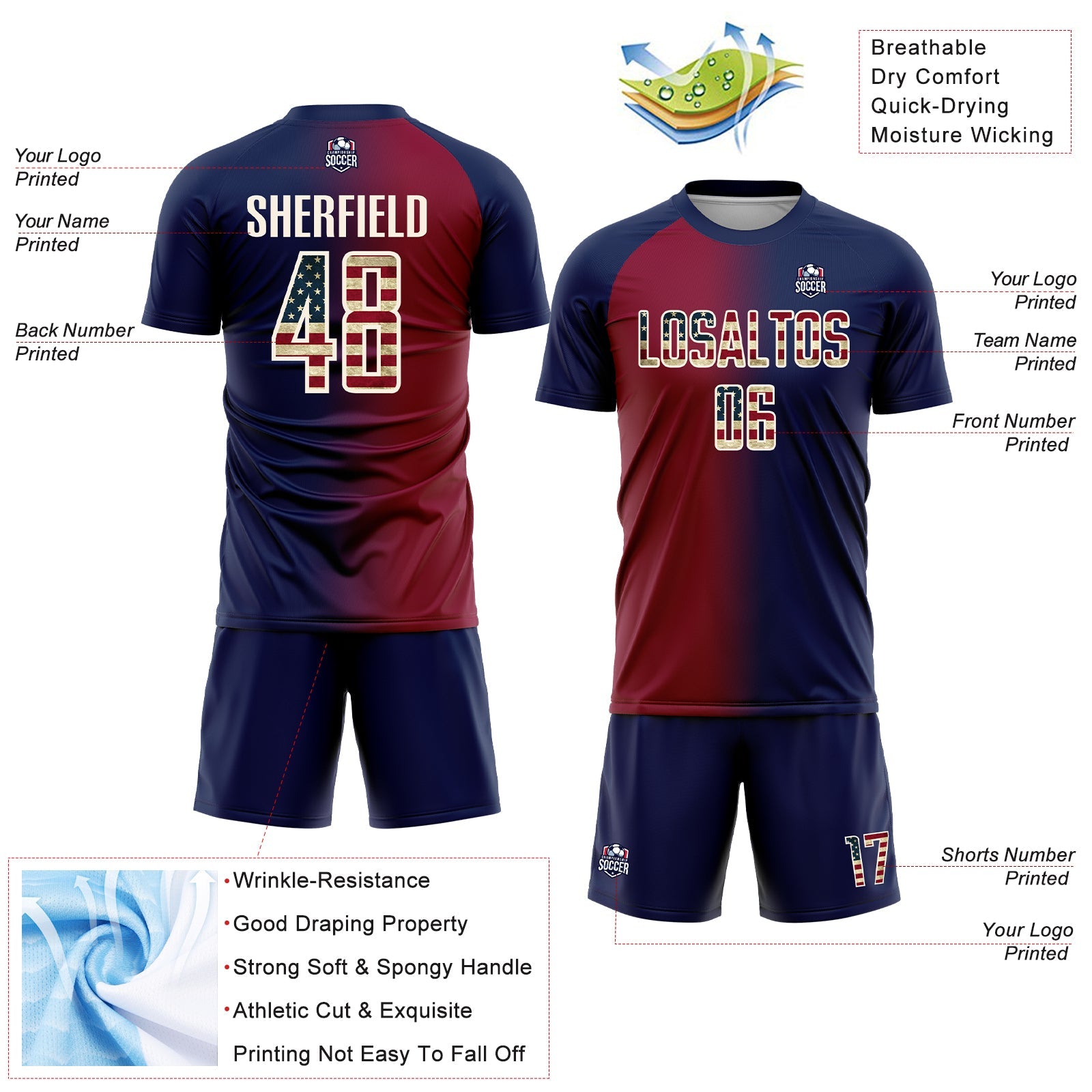 Custom Navy Vintage USA Flag Maroon-Cream Sublimation Gradient Fashion Soccer Uniform Jersey view 4