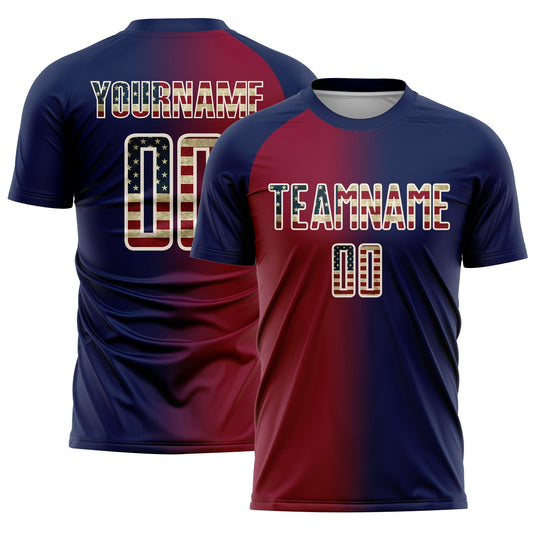 Custom Navy Vintage USA Flag Maroon-Cream Sublimation Gradient Fashion Soccer Uniform Jersey - Main View