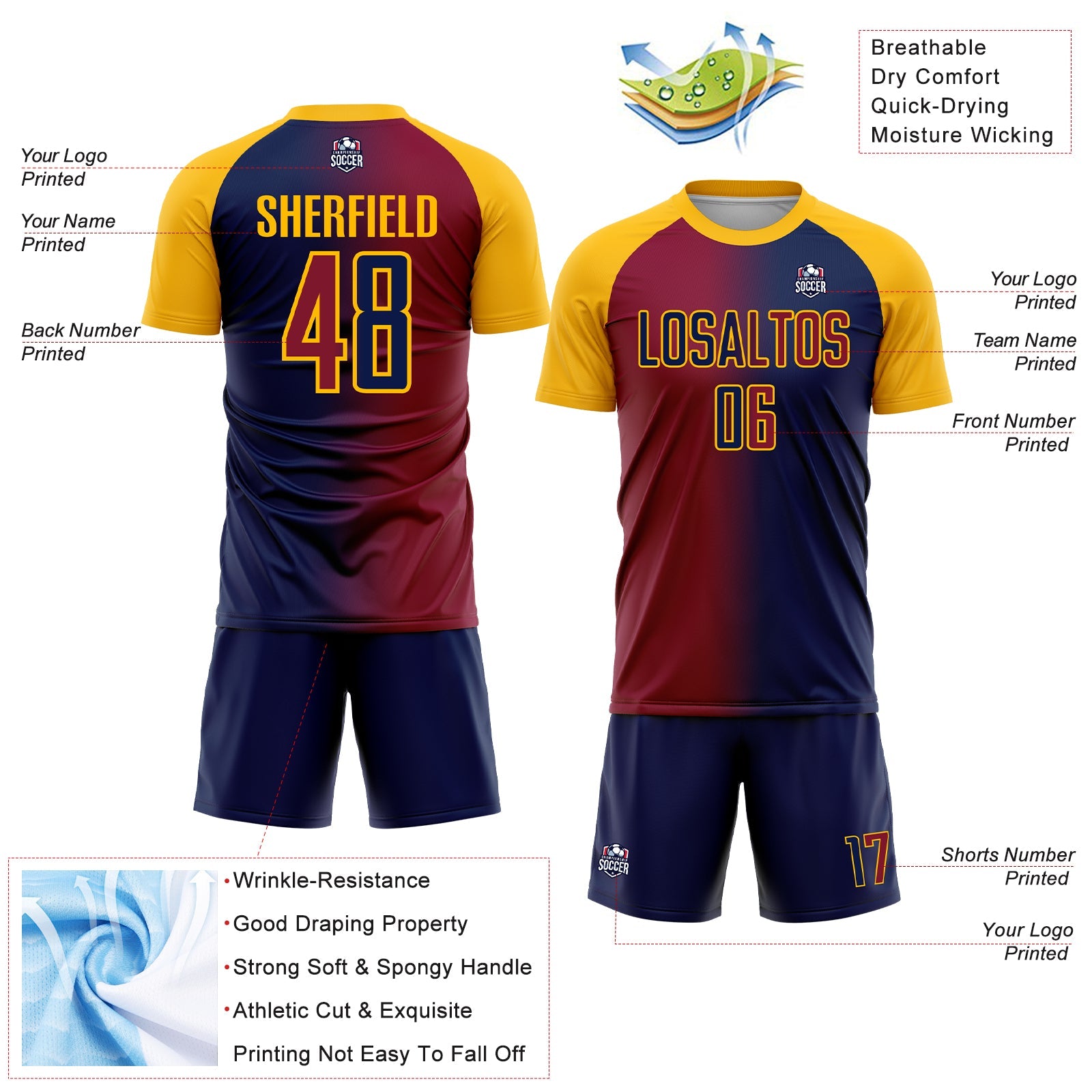 Custom Navy Maroon-Gold Sublimation Gradient Fashion Soccer Uniform Jersey view 4