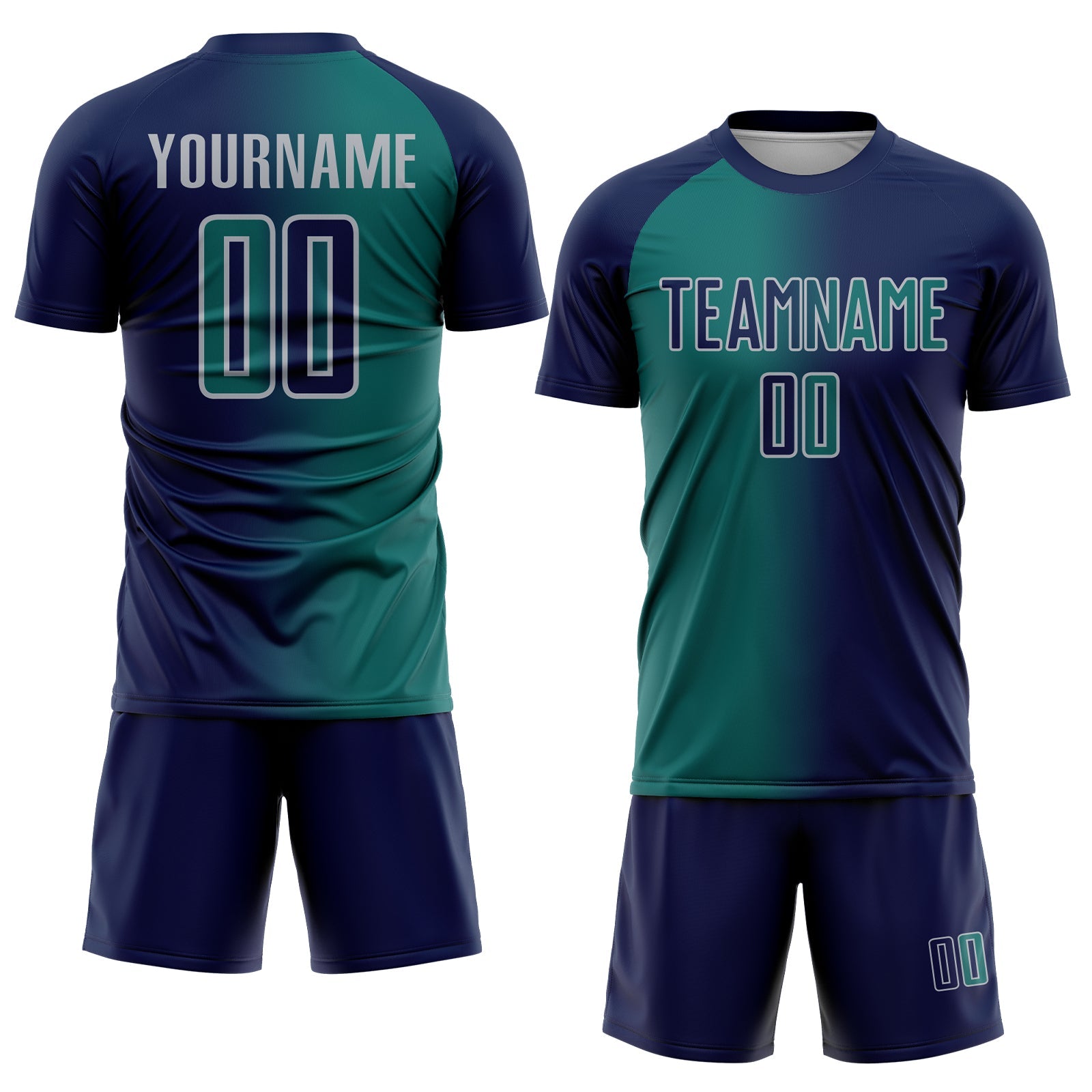 Custom Navy Teal-Gray Sublimation Gradient Fashion Soccer Uniform Jersey view 2