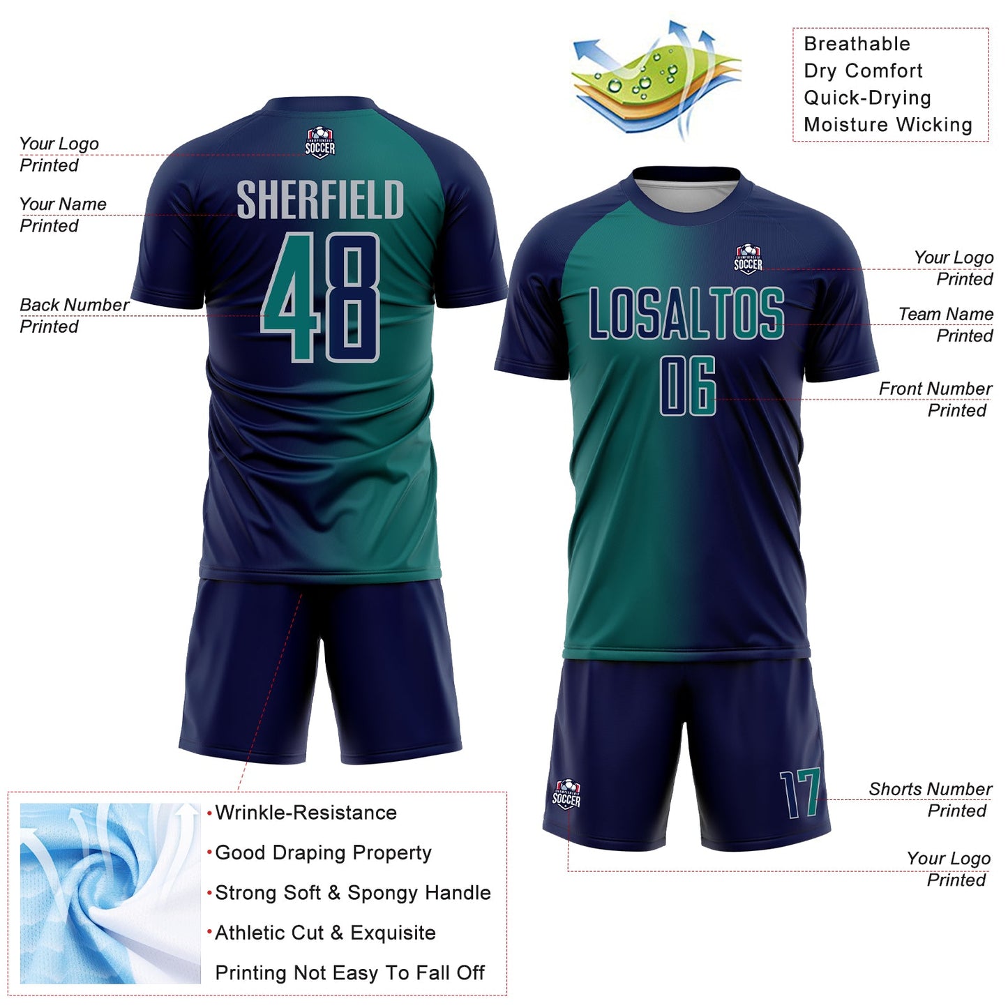Custom Navy Teal-Gray Sublimation Gradient Fashion Soccer Uniform Jersey view 4