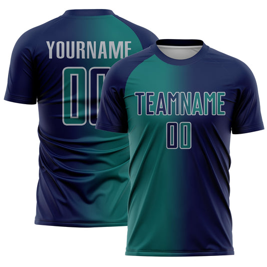 Custom Navy Teal-Gray Sublimation Gradient Fashion Soccer Uniform Jersey - Main View
