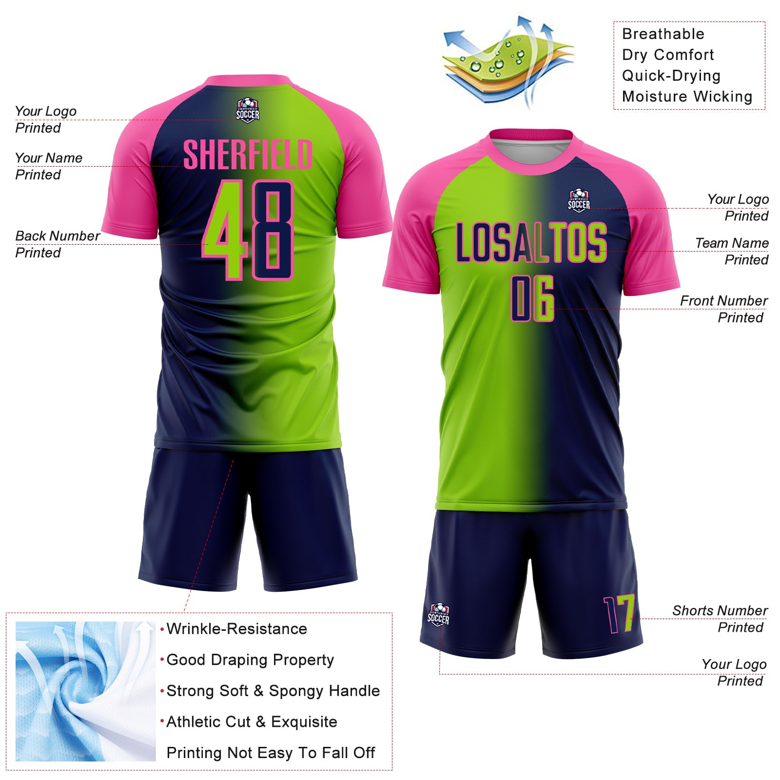 Custom Navy Neon Green-Pink Sublimation Gradient Fashion Soccer Uniform Jersey view 4