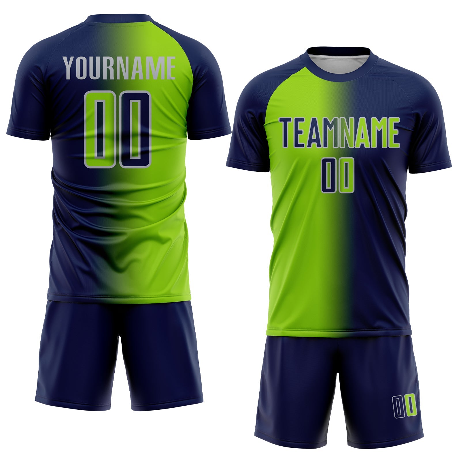 Custom Navy Neon Green-Gray Sublimation Gradient Fashion Soccer Uniform Jersey view 2