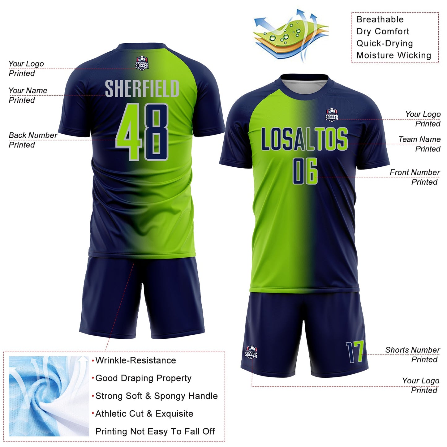 Custom Navy Neon Green-Gray Sublimation Gradient Fashion Soccer Uniform Jersey view 4