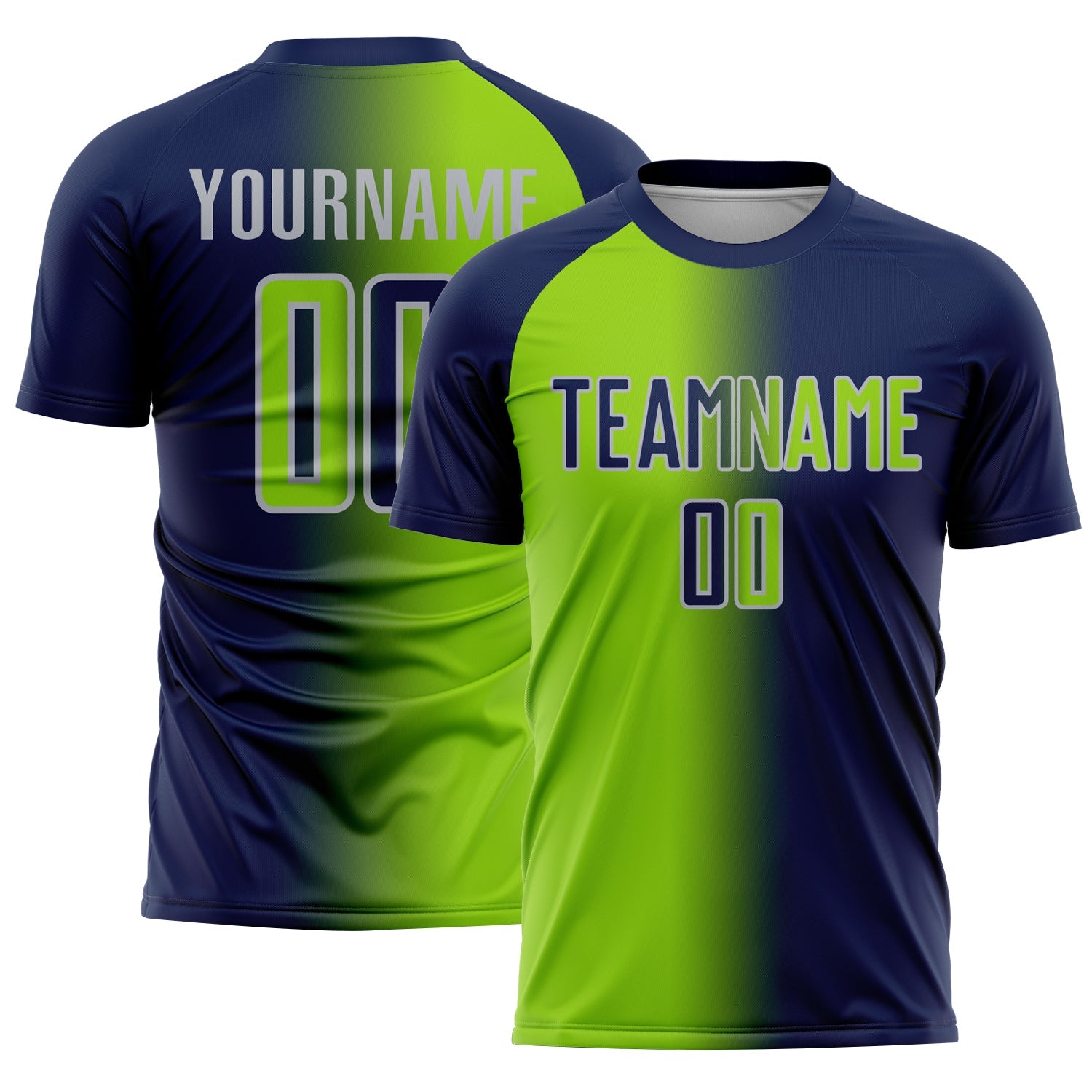 Custom Navy Neon Green-Gray Sublimation Gradient Fashion Soccer Uniform Jersey - Main View
