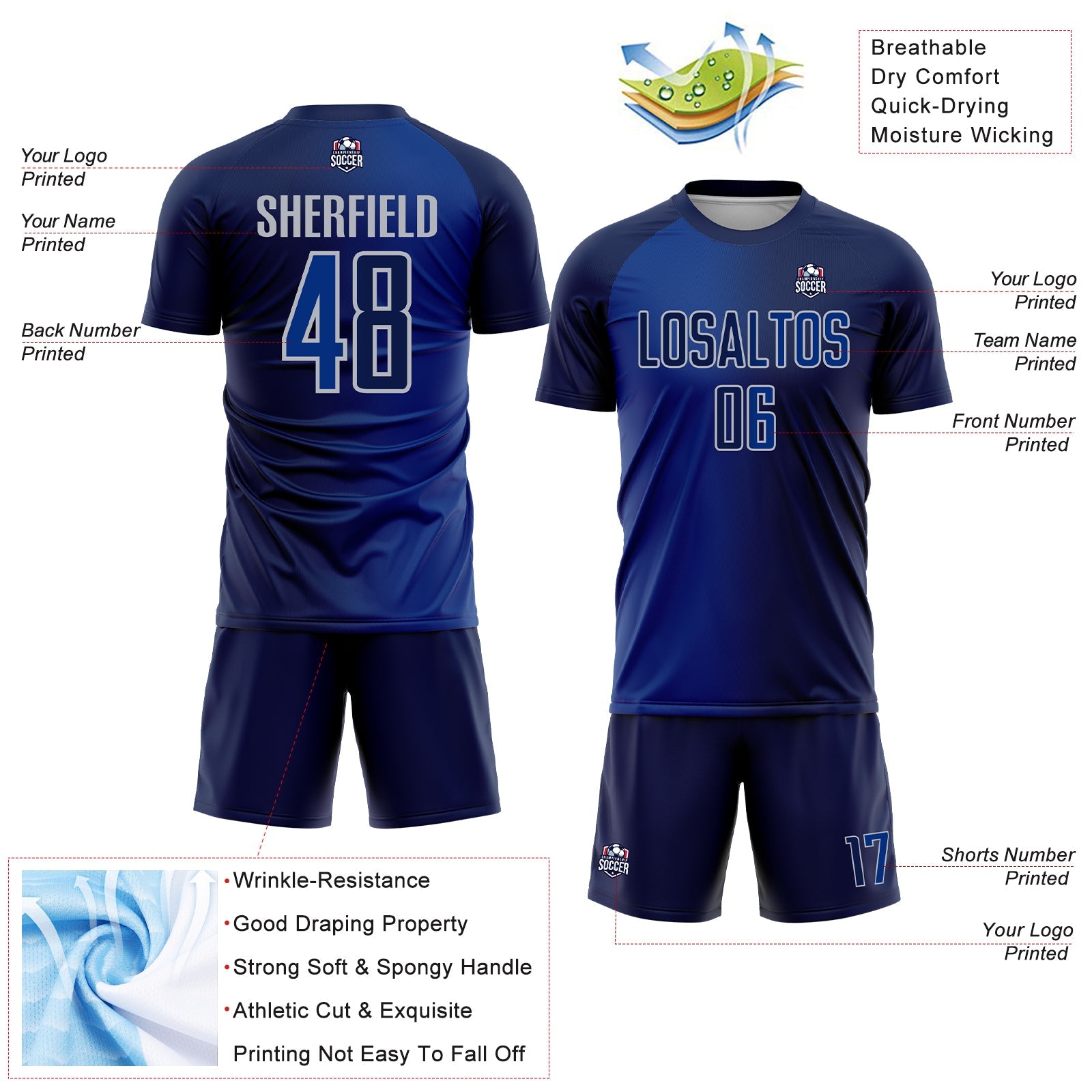 Custom Navy Royal-Gray Sublimation Gradient Fashion Soccer Uniform Jersey view 4