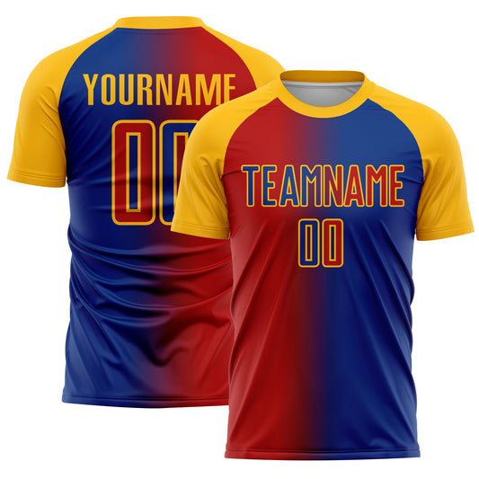 Custom Royal Red-Gold Sublimation Gradient Fashion Soccer Uniform Jersey - Main View